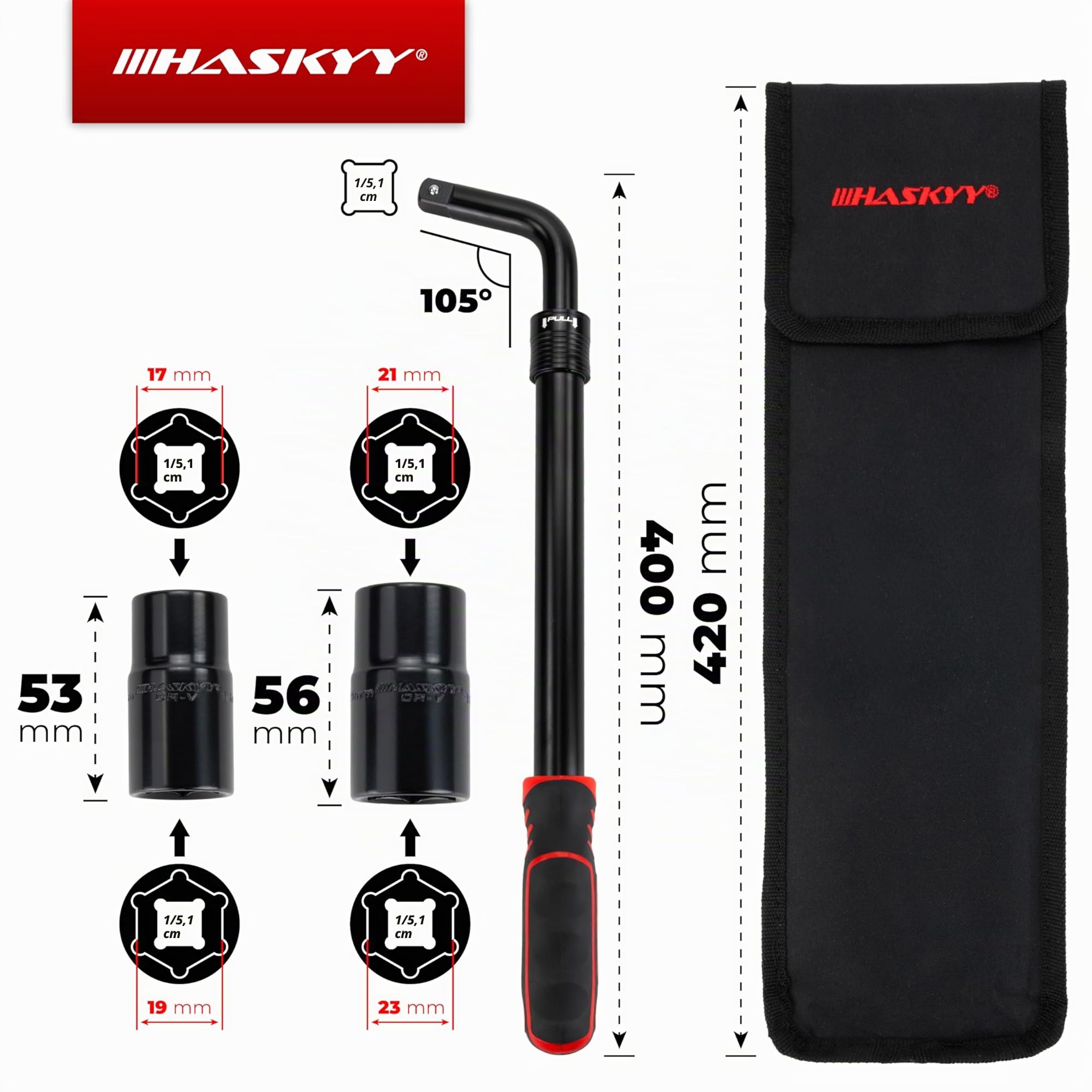 HASKYY Juego de llaves telescópicas para tuercas de rueda, 355-530 mm, extensible, 1/2 pulgadas, 17/19 y 21/23 mm, acero al cromo vanadio, con bolsa de almacenamiento
