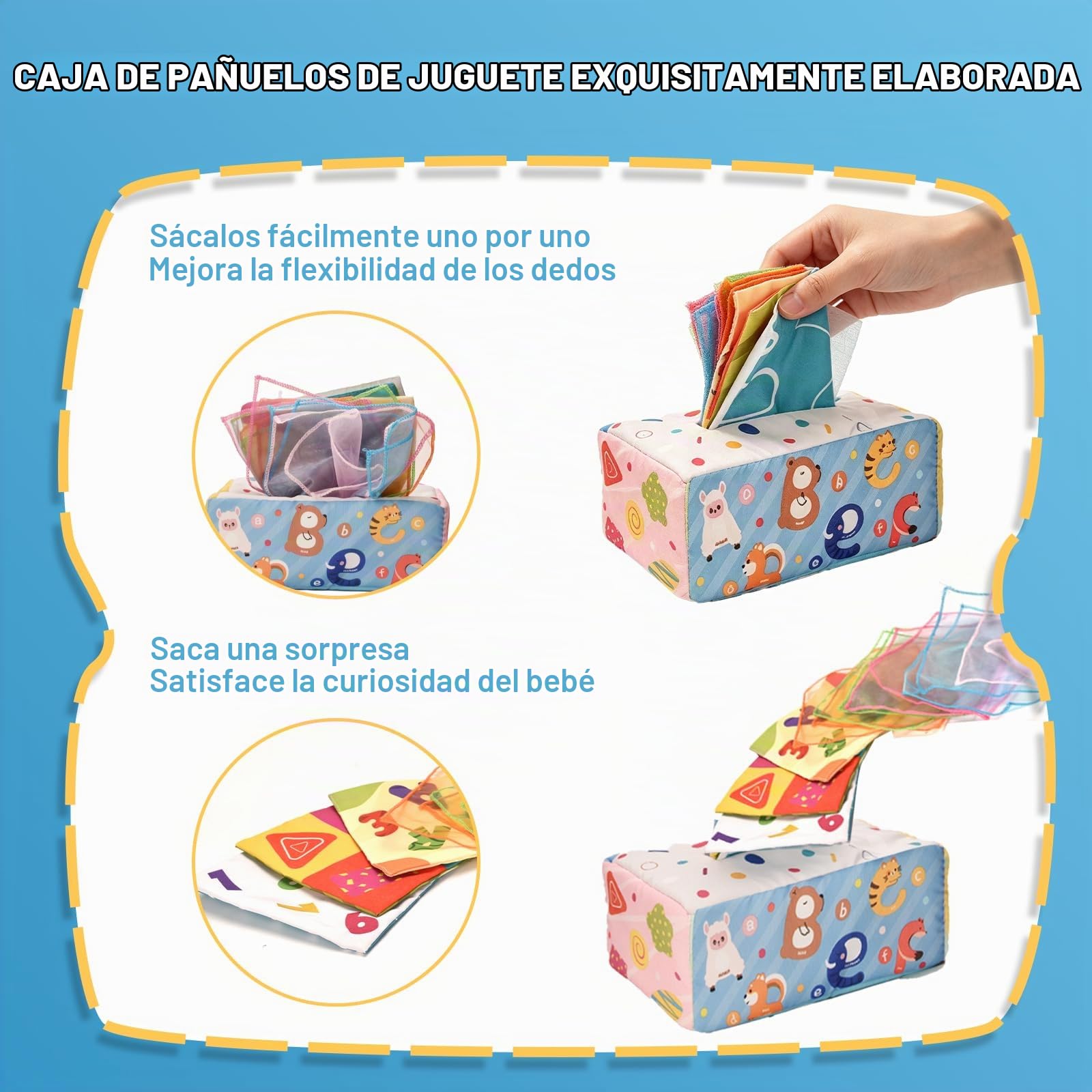 Montessori Juguete para Bebé 6 en 1 | Juguete de Habilidades Motoras, Bloques Sensoriales, Caja de Pañuelos, Juguete Educativo