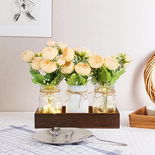 Miniatura 6 de Fowecelt Decoración de mesa con luces de tarro de masón decoración para comedor sala de estar cocina bandeja de madera con 3 frascos de masón centro