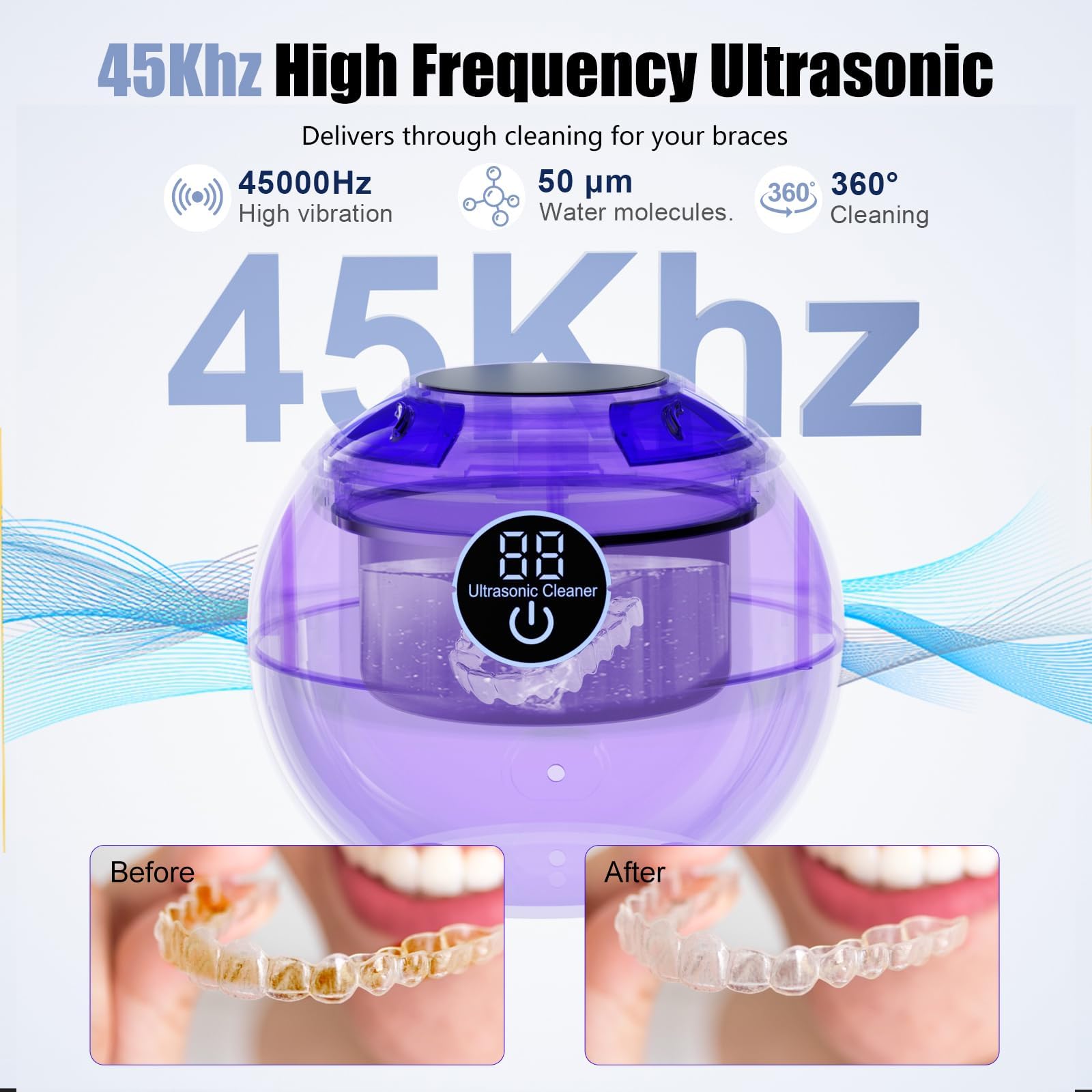 Nettoyeur de retenue dentaire à ultrasons 45 kHz avec 3 modes et minuteur numérique pour nettoyer les prothèses dentaires, garde de nuit, appareils dentaires, aligneurs, bijoux, 200 ml