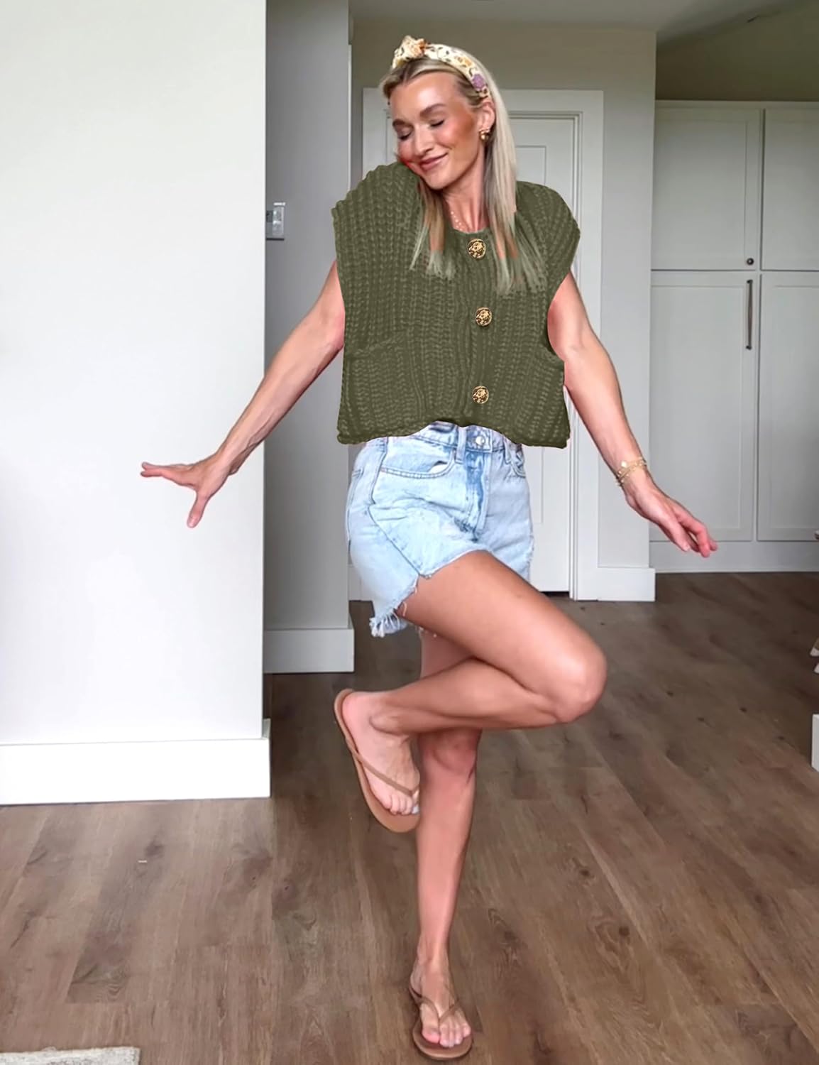 Womens Casual Chunky Knit Vest Gold Button Down Crop Crochet Sleeveless Sweater Vest - Image 8