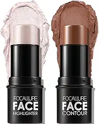 FOCALLURE 2 peças de bastão de base contorno, caneta marca-texto e bronzeador, lápis que ilumina o rosto, maquiagem de longa duração para sombra de destaque, bastão de modelagem de bronzeador, universal