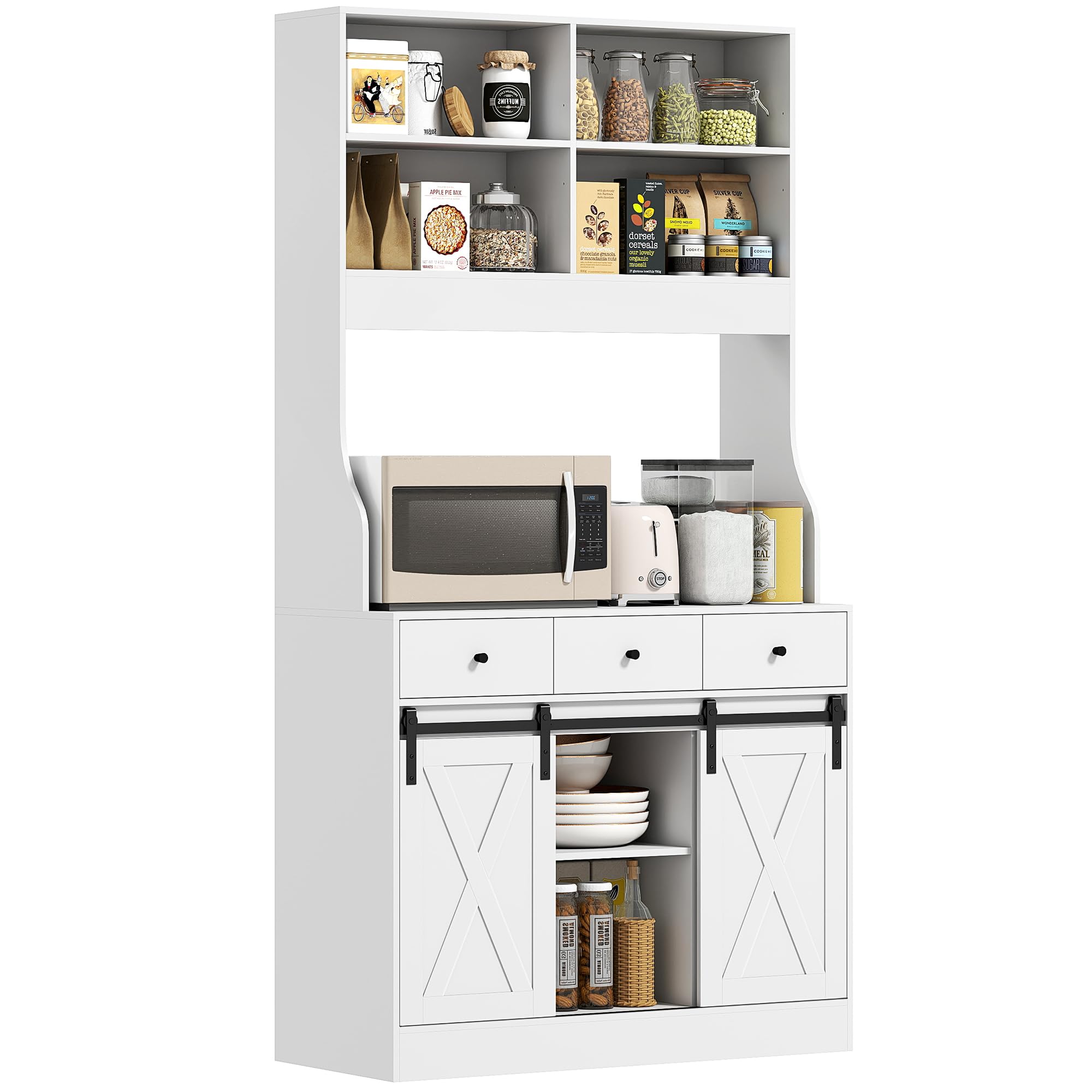 HOMCOM Alacena de Cocina Mueble Auxiliar con Encimera para Microondas, 2 Puertas Corredizas y 3 Cajones, Estantes Regulables, Estilo Granja, 93,5x40x180 cm Blanco