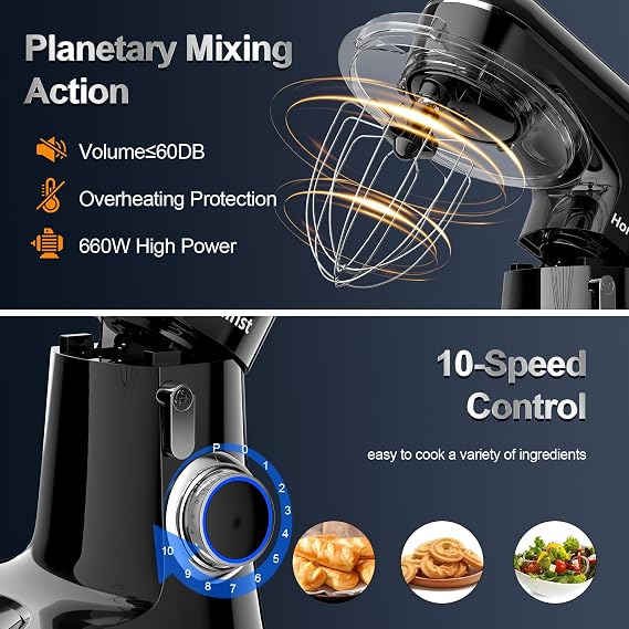 Honinst 1400W Stand Mixers, 6.5L 10-Speed Tilt-Head Electric Food Mixer