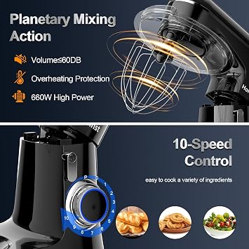 Honinst 1400W Stand Mixers, 6.5L 10-Speed Tilt-Head Electric Food Mixer