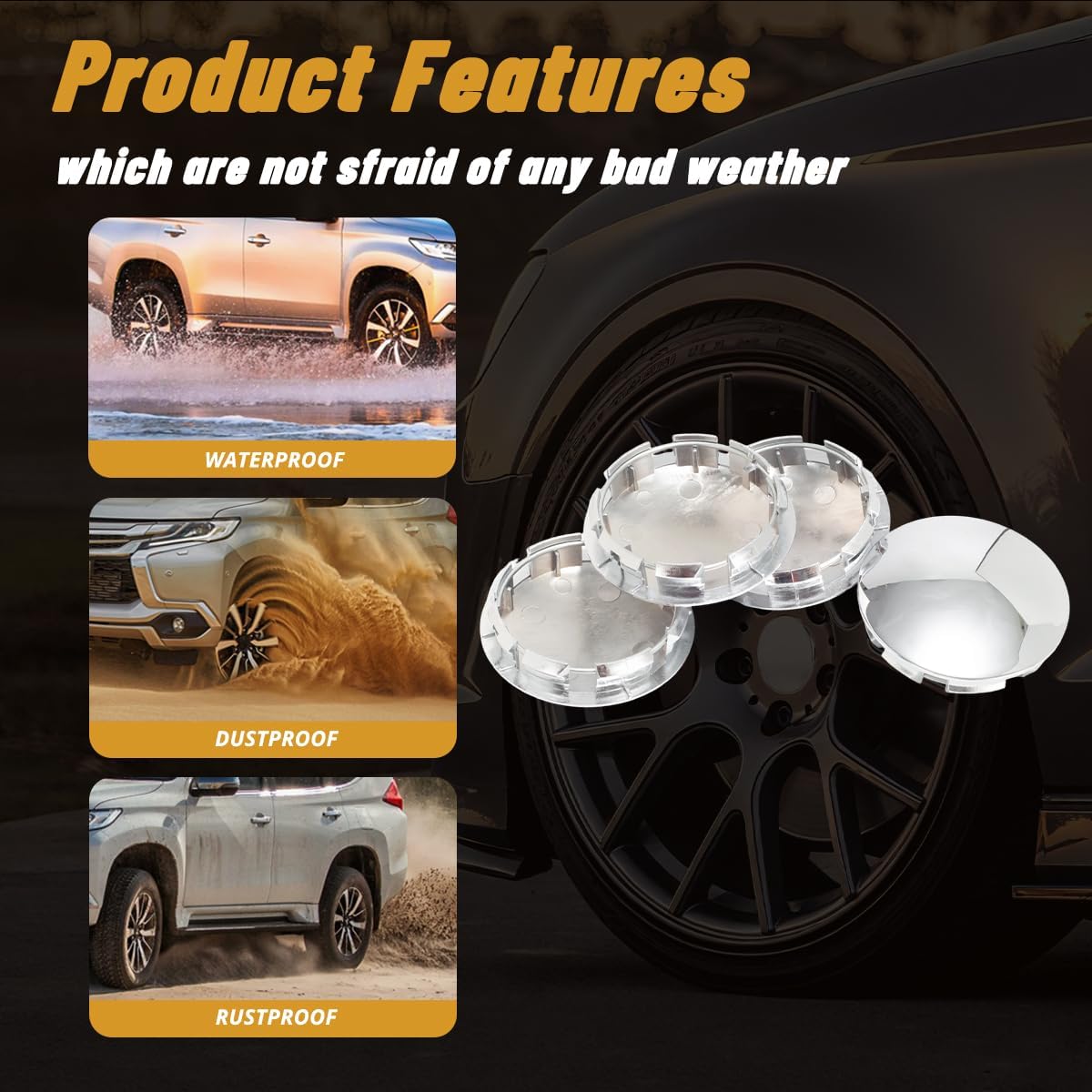 4Pcs 3in / 76.2mm Car Wheel Center Caps for 2002-2014 F150 2007-2015 Expedition 2L34-1A096 Chrome Outer 3 in, Inner 2.57 in Snap-On Hub Caps