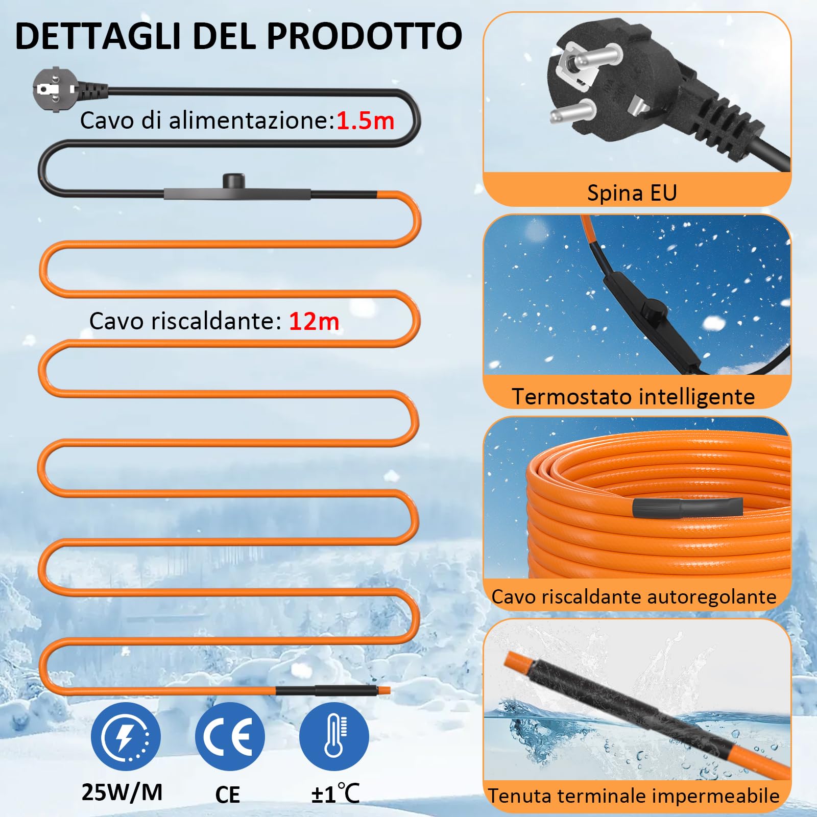 Cavo Riscaldante con Termostato 12m Cavo Riscaldante 25 W/m Autorregolante Serpentina Riscaldante con Termostato IPX7 Impermeabile Cavo Scaldante per Tubazioni Piante Grondaie Protezione Antigel