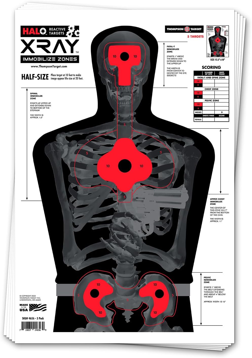 Thompson Target Halo X-Ray Immobilize Zones - High Visibility Reactive Splatter 12.5x19 Inch Silhouette Shooting Targets for Pistol and Rifle Range Training - Made in The USA