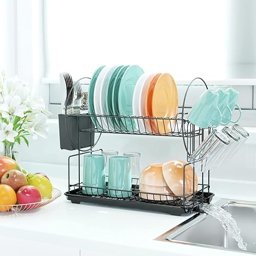 Miniatura 2 de iSPECLE - Escurridor de platos pequeños para encimera de cocina escurridor de platos de 2 niveles con soporte para tazas y juego de escurridor color