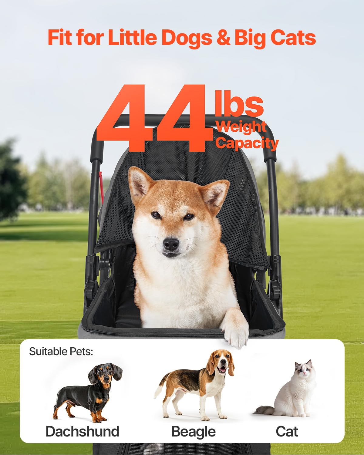 VEVOR Poussette pour Chien Animaux de Compagnie Pliable, Charge 20 kg, avec 4 Roues et Freins Arrière, Fenêtres en Maille, Poignée Réversible, pour Chats, Animaux de Compagnie Taille Petite Moyenne