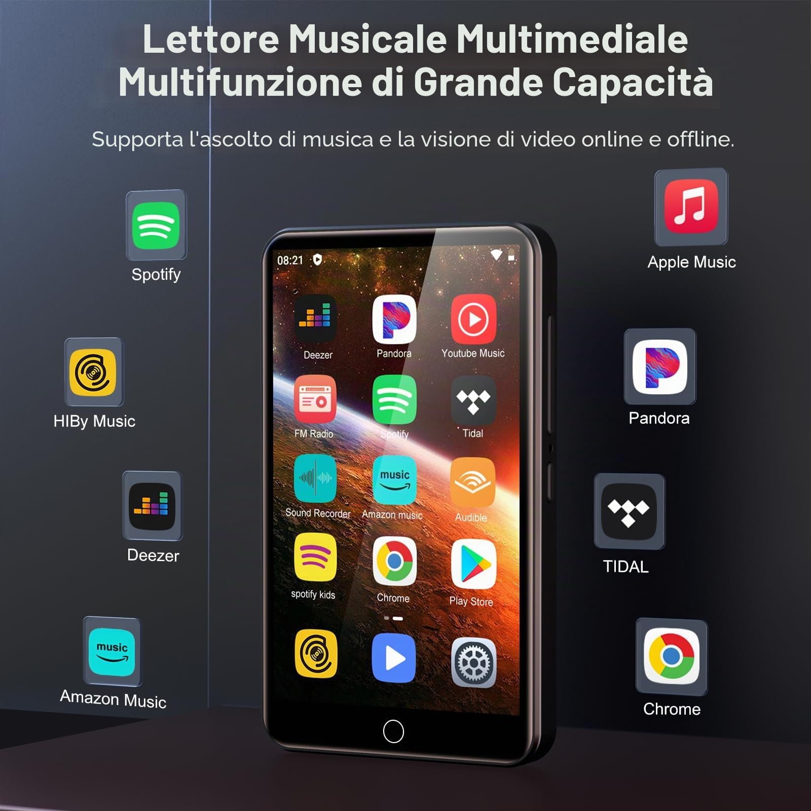 Lettore MP3 da 80GB Bluetooth e WLAN, Lettore MP3 con schermo touch HD da 4 pollici Spotify con altoparlante, Lettore musicale Diofox Android MP3 MP4 per bambini, Audible, Amazon Music, Deezer