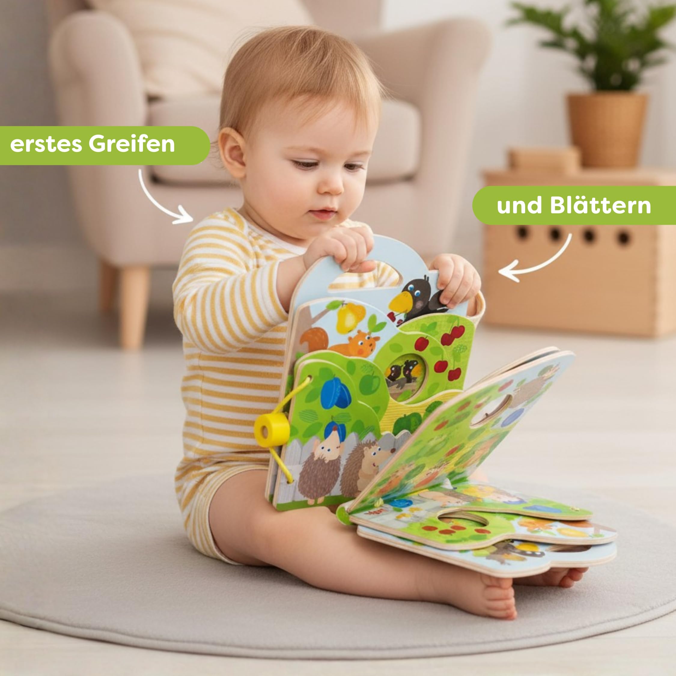 HABA- Theo Libro bebé Le Huerto-Madera PEFC-Regalo bebé-10 Meses en más-306786, Color Colorido, Medium (306786)