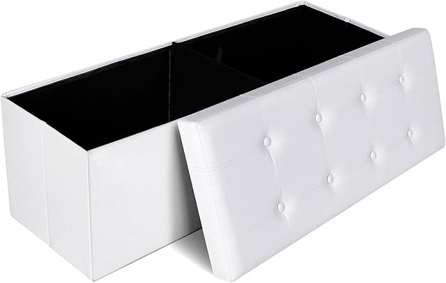 SONGMICS Storage Chest 120L, Storage Ottoman, Folding Footrest Bench, 300 kg Load Capacity, Synthetic Leather, White LSF89WT