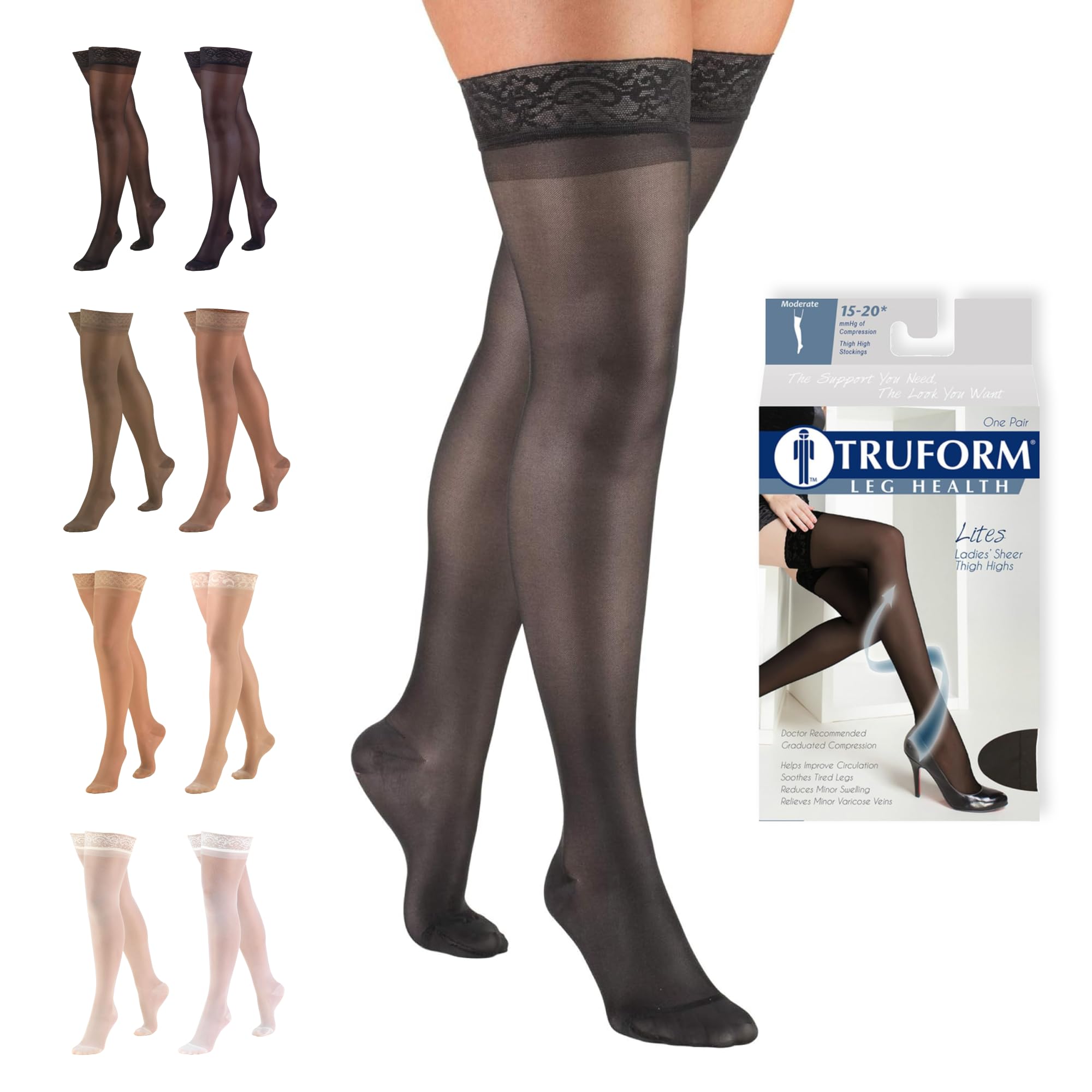 Truform Sheer Compression Stockings, 15-20 mmHg, Women's Thigh High Length, 20 Denier, Charcoal, Small