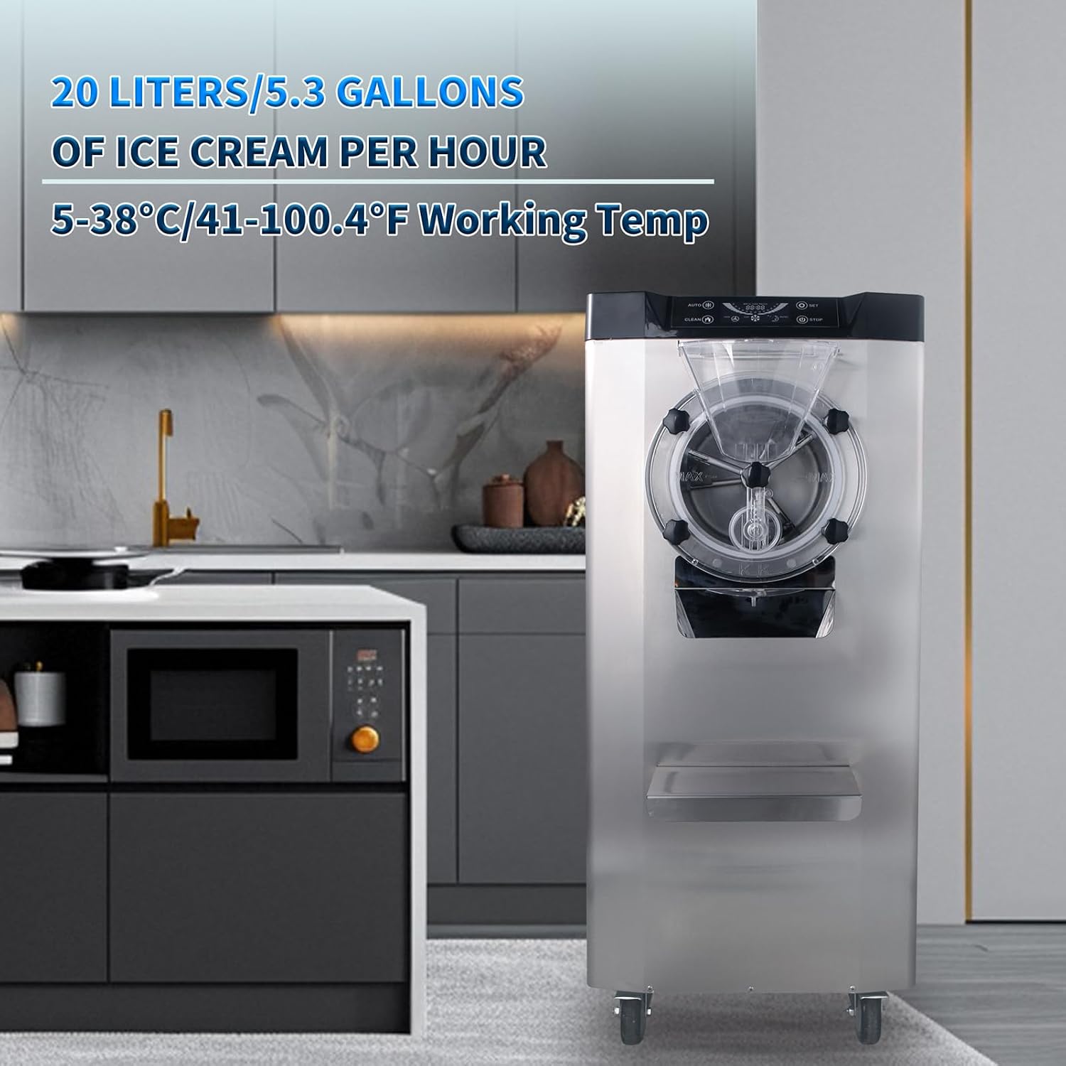2000W Commercial Hard Ice Cream Machine, 6.3 GPH (18-24L/H) High Capacity Batch Freezer with LED Display, Stainless Steel Hard Ice Cream Maker for Restaurants, Cafes & Bars, 110V-120V Standard US Plug