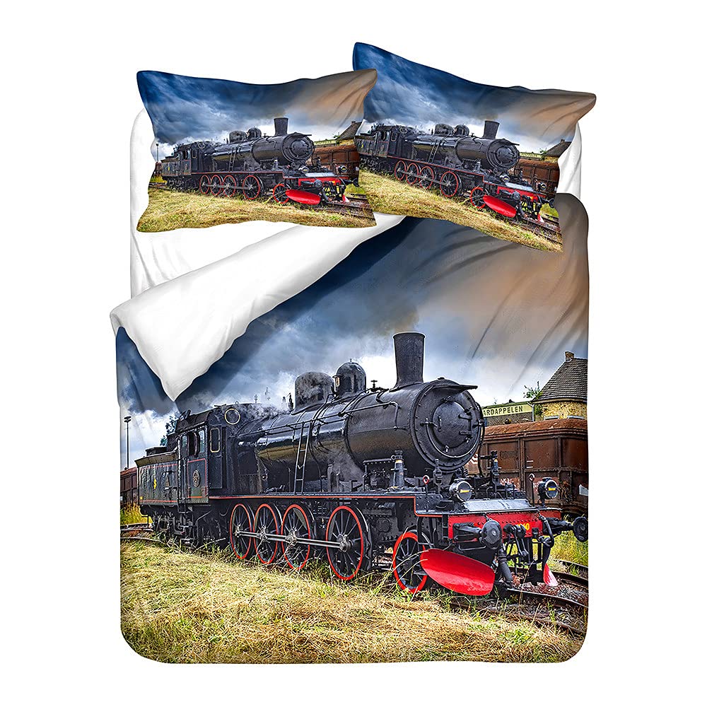 Sticker Superb. Duvet Cover Double Child Adult 3D Train Digital Printing Duvet Cover Black Gray Retro Steam Train Theme Bedding Set Microfiber Duvet Set Train Track Pillow Case (Beige,200 x 200 cm)