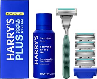 PLUS: Shaving Kit for Men - Premium Handle, 5 Razor Blade Cartridges, 2 oz Foaming Shave Gel, and Travel Blade Cover - Advanced Pivoting System - Moss