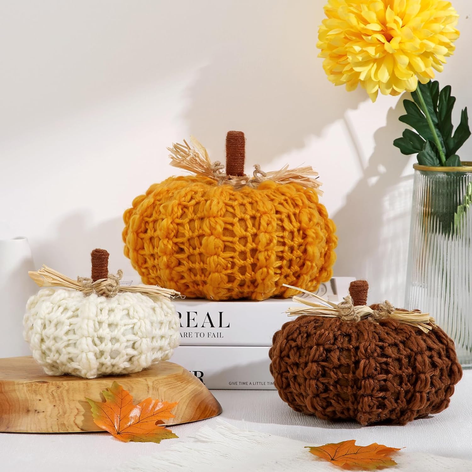 Briful Large Handmade Knitted Pumpkins Set of 3 – Cozy Autumn Fall Décor, Christmas Decorations, Thanksgiving Gifts, Caramel, Brown & Cream – 8in/6 1/4in/5 1/2in