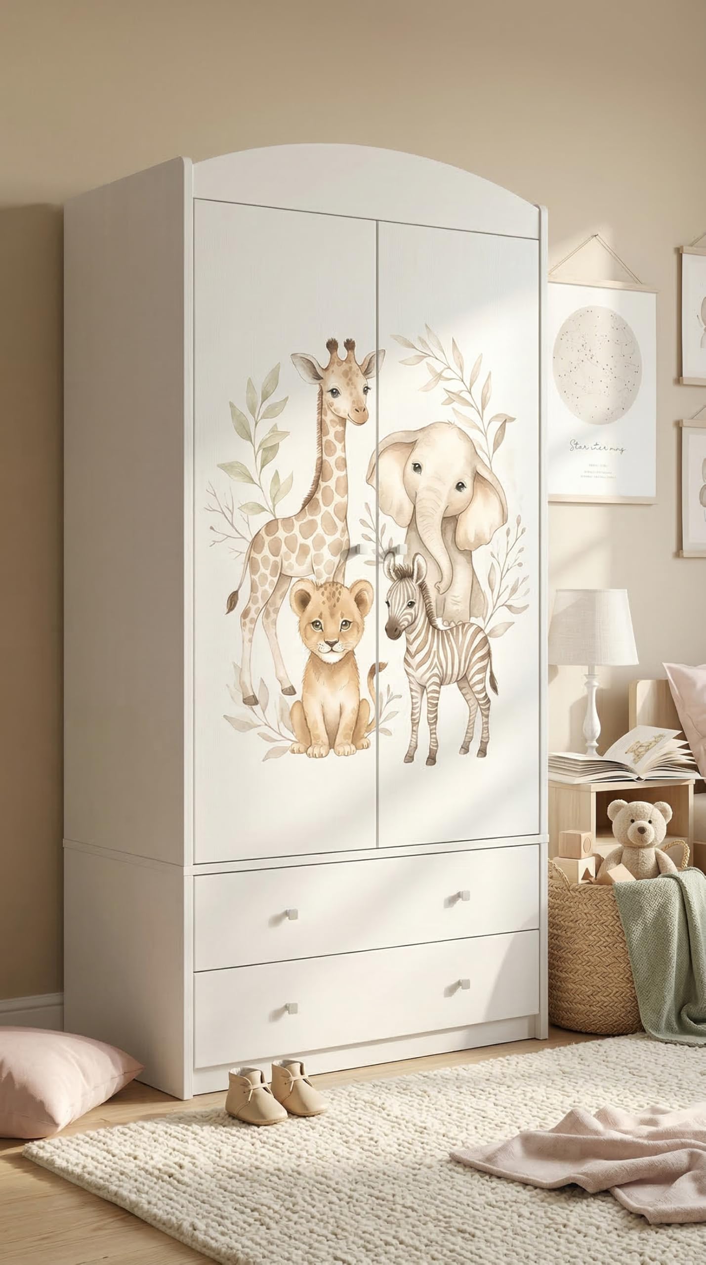 Happy Babies Armadio per bambini con motivo incantevole, 2 ante per cameretta dei bambini, con 2 cassetti, asta appendiabiti e ripiani, bianco (88 x 187 x 54 cm) (nr 170)