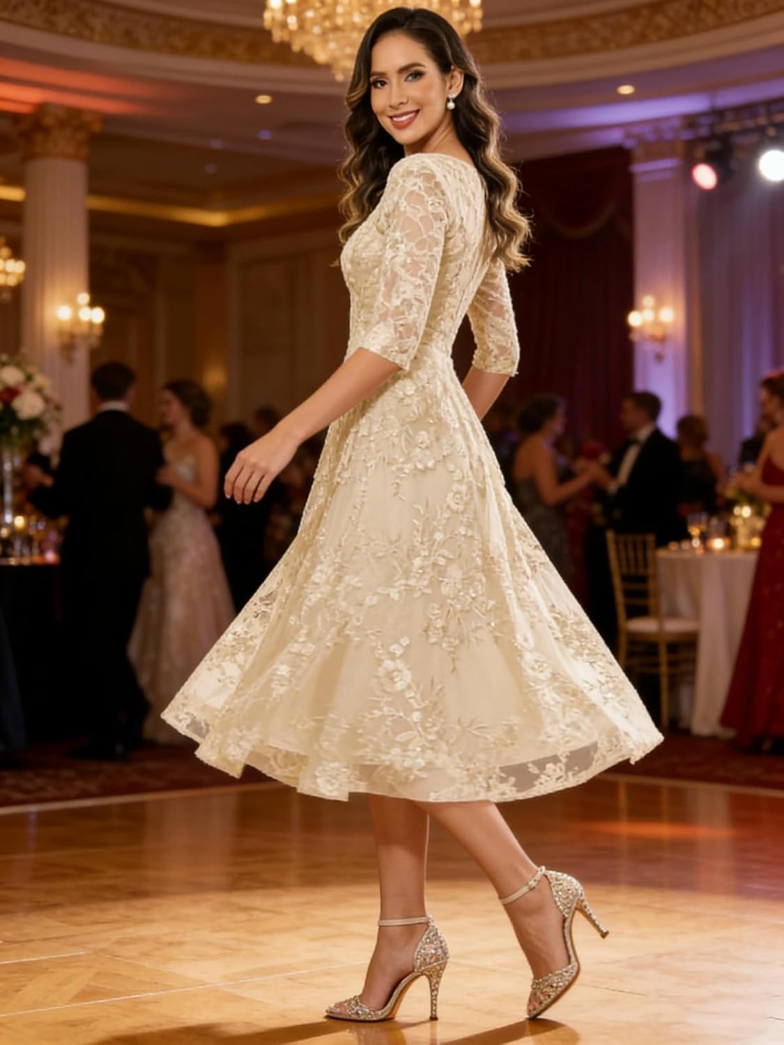 Sparkly Sequin Mother of The Bride Dresses Tea Length Applique Lace Formal Evening Gown with Sleeves - Image 5