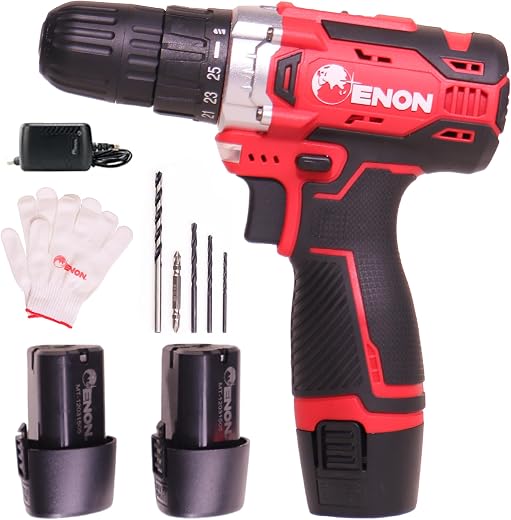 Enon 12V Cordless Drill Machine for Home Use, Compact Cordless Screw Driver, Powerful, 2 Speed, LED, 1500RPM,10mm Chuck, R...