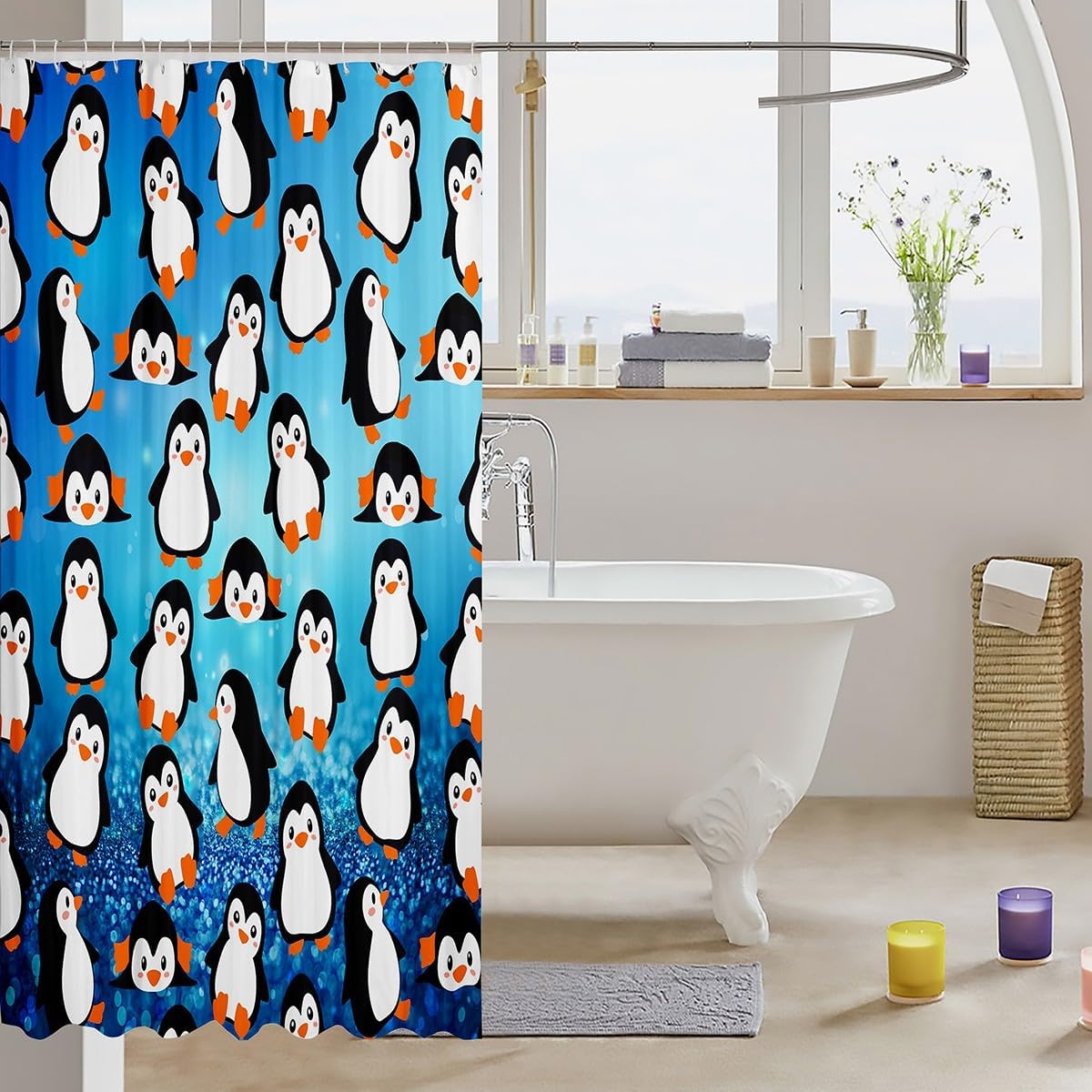 Cartoon Penguins Kids Shower Curtains,Cute Arctic Pole Animals Bathroom Curtains for Girls Boys Bedroom,Starry Sky Dots Glitter Blue Romantic Waterproof Curtains,12 Hooks Suits,72" W x 78" L