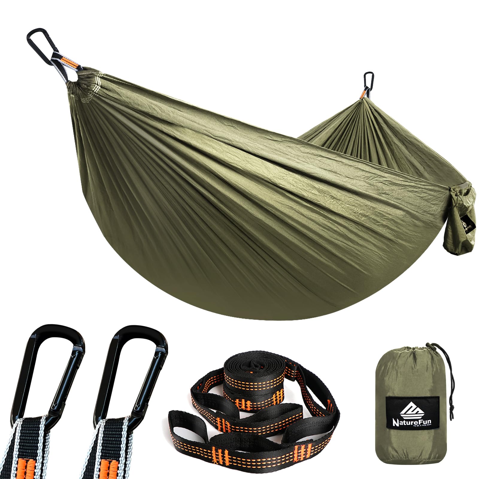NATUREFUN Ultraleichte Reise Camping Hängematte | 300kg Tragkraft (275 x 140 cm) Atmungsaktiv, Schnelltrocknendes Fallschirm Nylon | 2 x Premium Karabiner,2 x Schlingen| Drinnen Draußen Garten