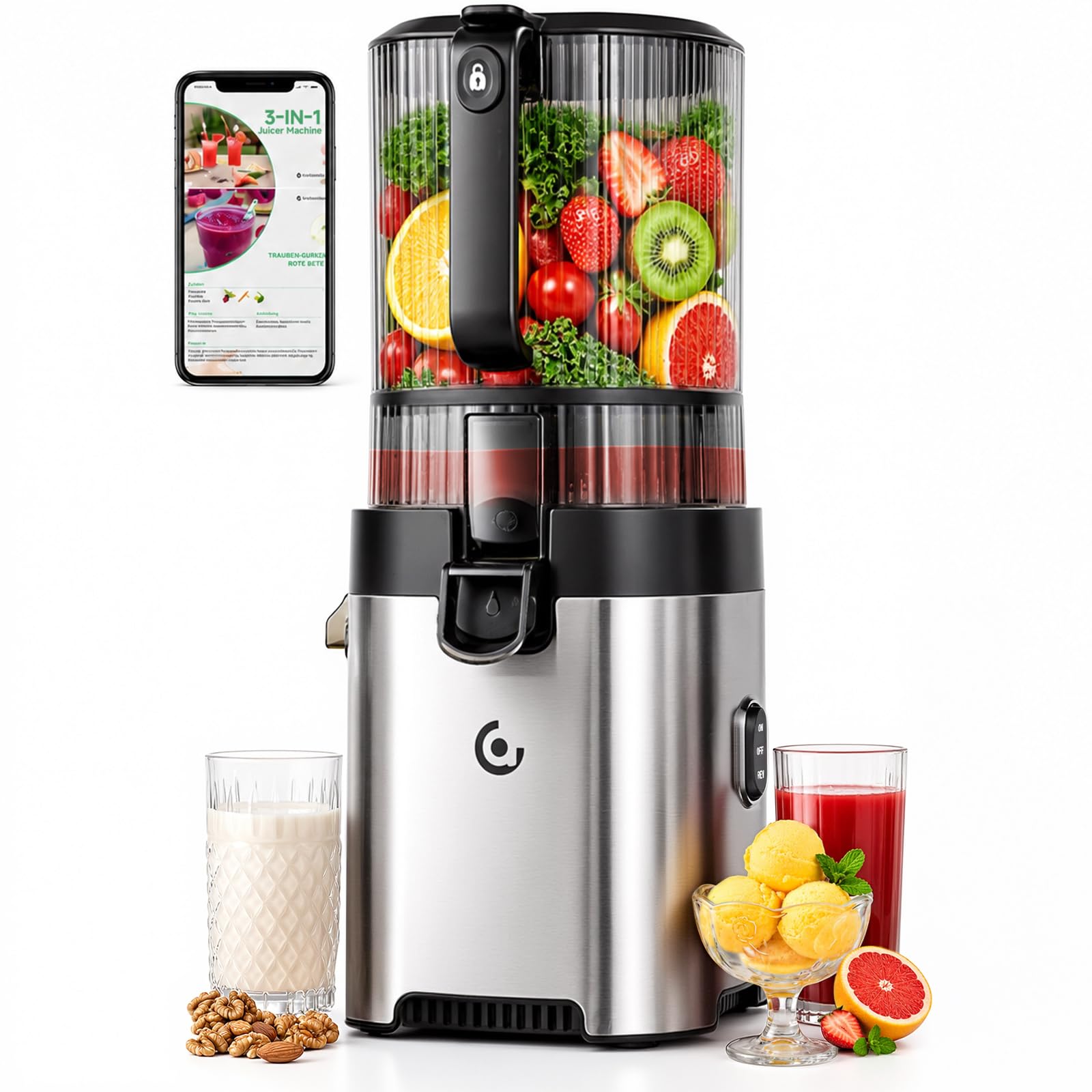 AMZCHEF Extracteur de jus à froid pour fruits et légumes, goulotte 158 mm pour fruits entiers, trémie 2,5 L, 2 filtres amovibles, nettoyage facile, moteur 300 W à faible bruit, usage familial