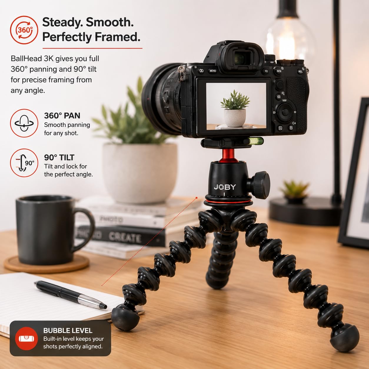 JOBY GorillaPod 3K Ultra Kit - Flexibles Stativ mit Kugelkopf für spiegellose & DSLR-Kameras, hält bis zu 6.6 lbs / 3 kg, 360-Grad-Schwenk- und 90-Grad-Neigung, Schnellwechselplatte, Wasserwaage