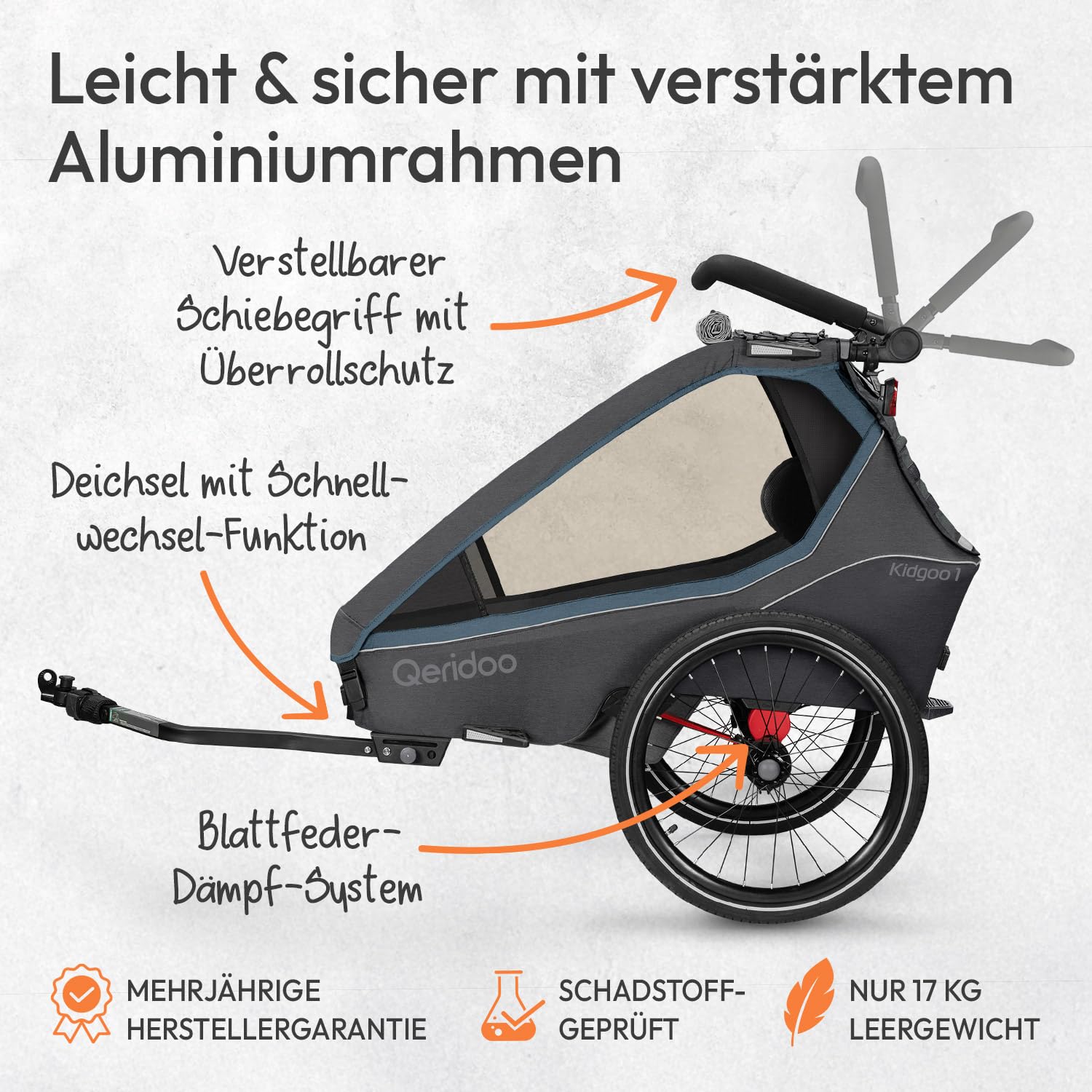 Qeridoo Rimorchio per bicicletta Kidgoo 1 Navy Blue con cintura a 5 punti e Easy ARS, pieghevole, con ruota girevole a 360 gradi e protezioni per la testa brevettate, per 1 bambino