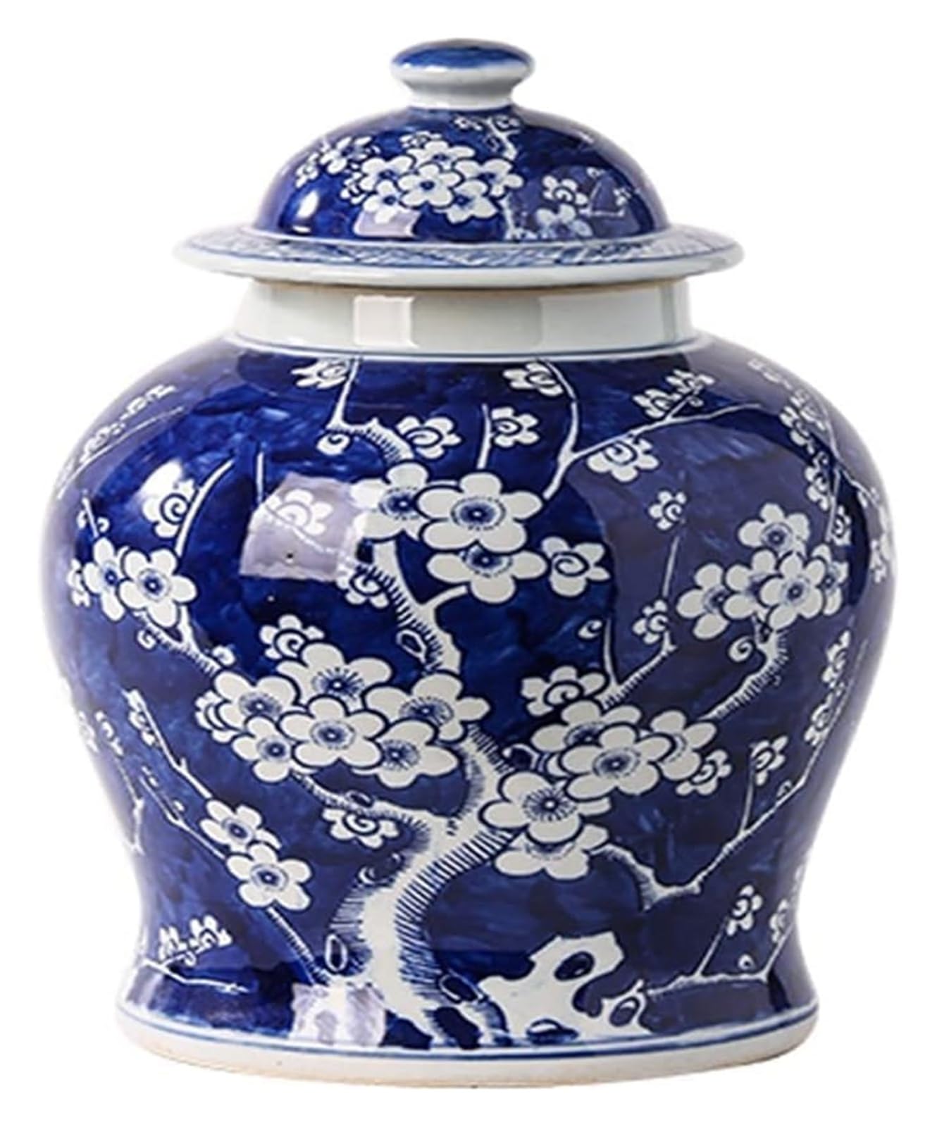 Vase Desktop Ceramic Ginger Jar with Lid Blue and White Porcelain Plum Blossom Temple Jars Centerpiece Containers Ornament Floral Arrangement(C)