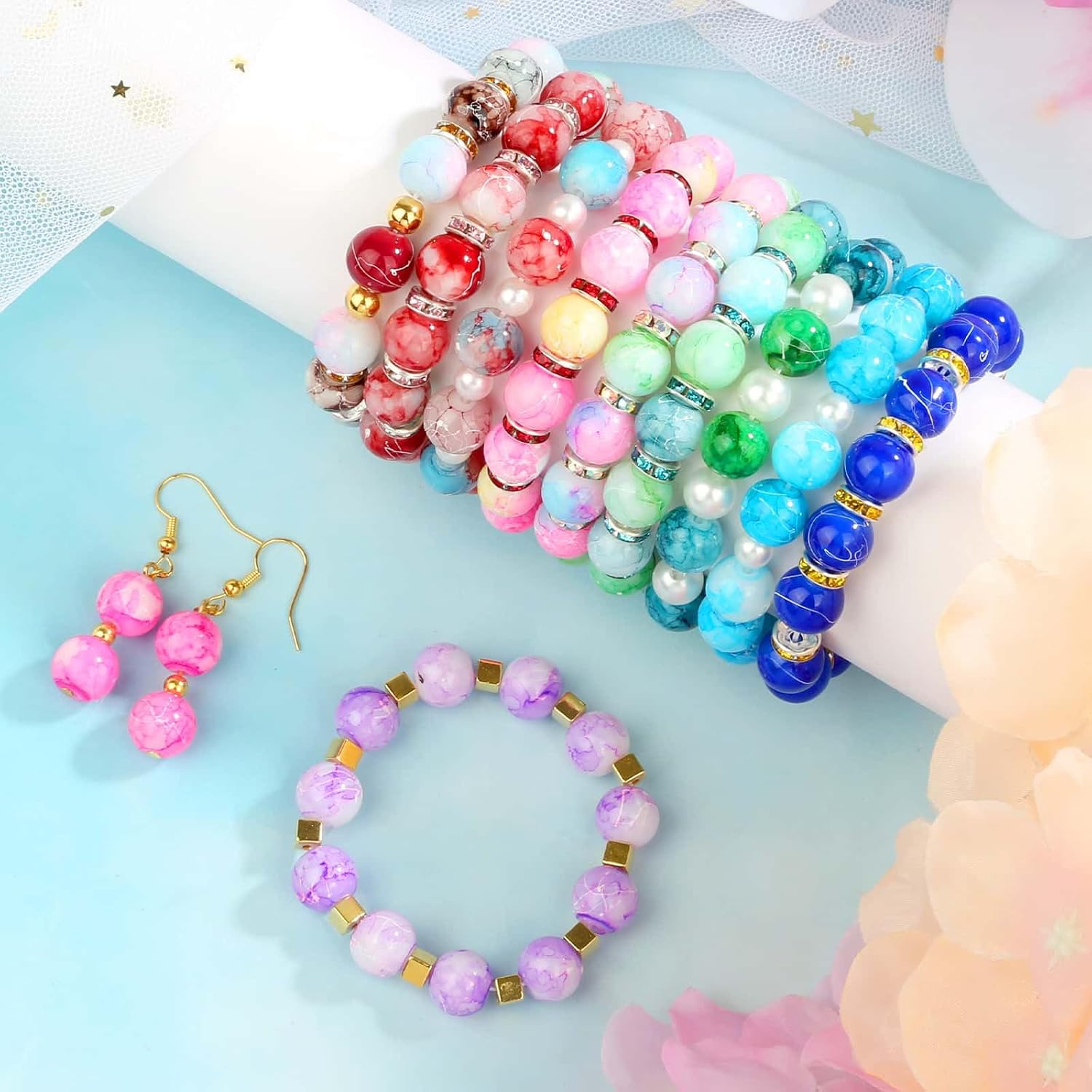 360pcs 10mm Glass Beads for Bracelet Making and Jewelry Making, 24 Colors Marble Crystal Pattern Stone Beads Round Gemstone Beads for Earring Necklace Bracelet and Jewelry Making - Image 4