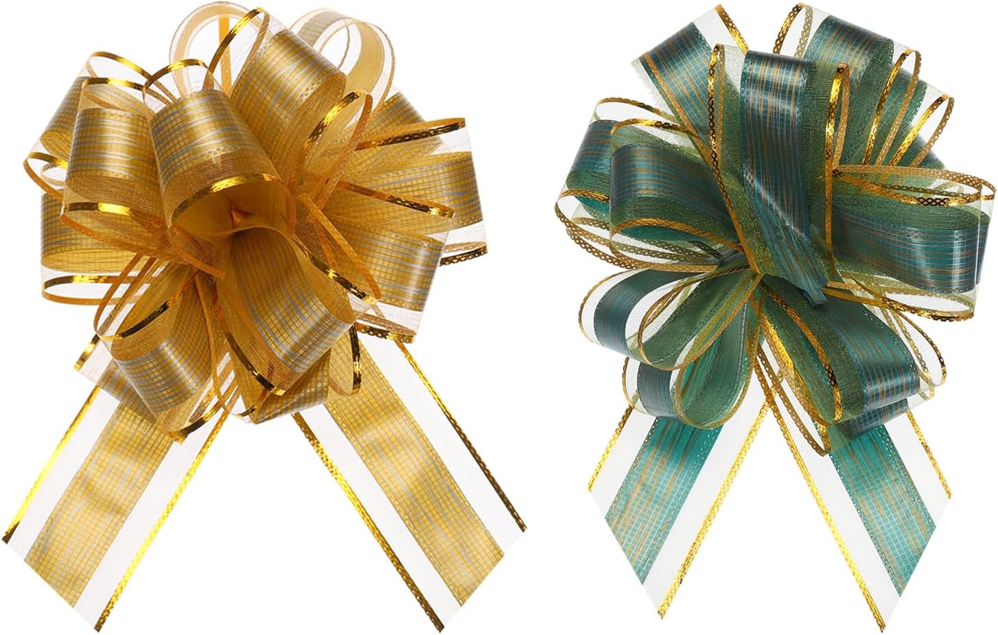 MECCANIXITY 10pcs 7 Inch Large Pull Bow Gift Wrapping Bows Ribbon Organza Bows Gold Green for Wedding Baskets Presents Christmas Party