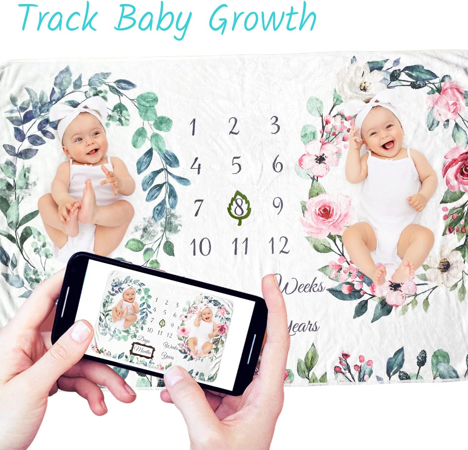 Twins Baby Milestone Blanket for Boys & Girls, Premium Flannel Photography Background Prop Blankets, Neutral Boho Floral… - Image 3