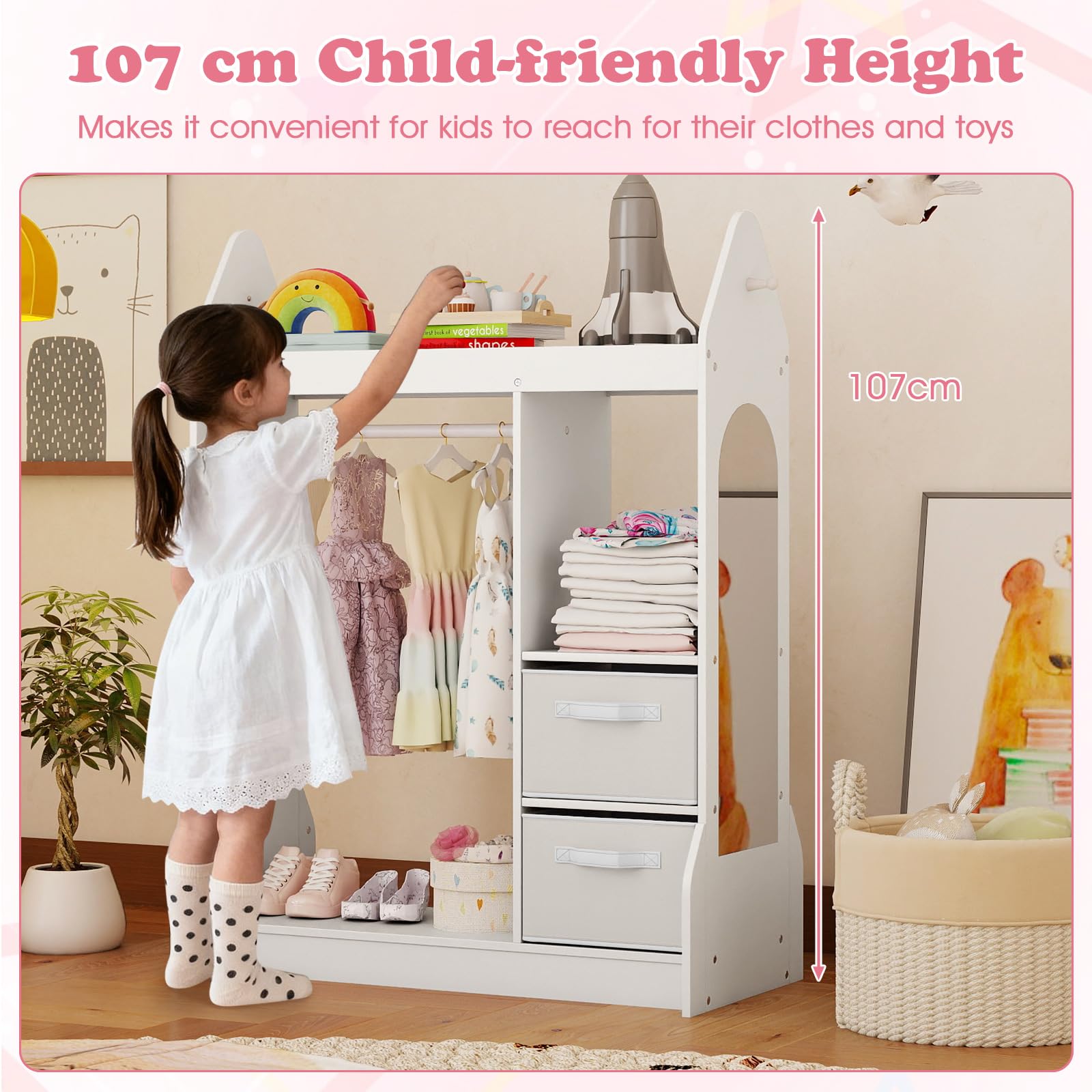 FANTASK Kinderkleiderschrank mit Stoffschubladen, 81 x 38 x 107 cm, Kindergarderobe mit Spiegel & Kleiderstange, Kinder Kleiderständer aus Holz für Kinderzimmer (Weiß)