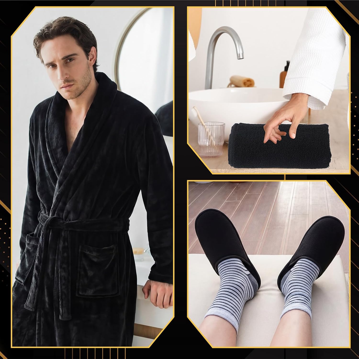 Hercicy 9 Pack Birthday Gifts for Men, Dad Beard Care Set for Him, Beard Grooming Bath Robe Slippers Nail Care Kit Towel Men's Gift Box for Husband Brother Dad(Black,Plush)