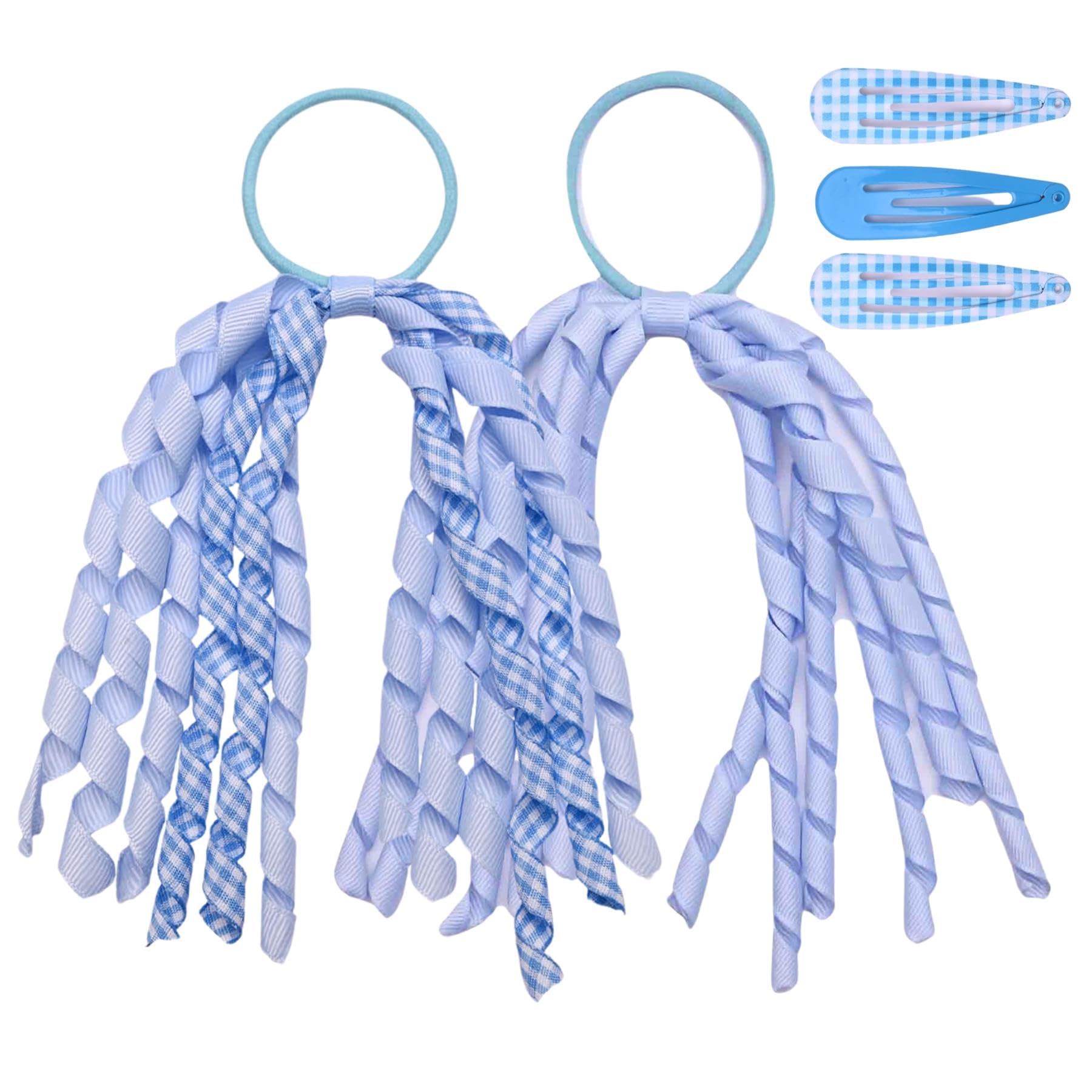Basic Sense Spiral Streamer Elastics and Hair Snap Clips - Plain & Gingham for Girls Mid Blue