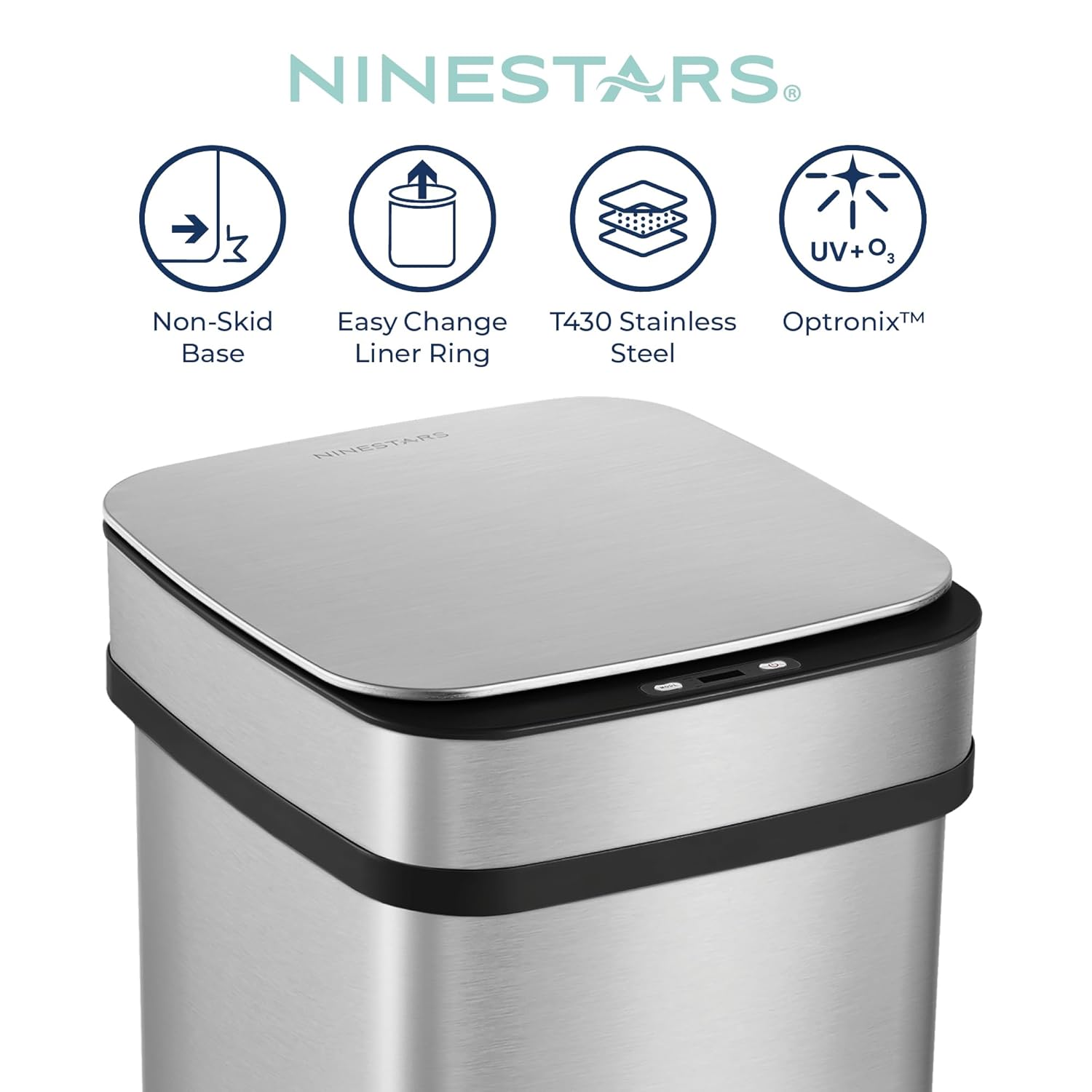 Ninestars 13 Gallon Odor Neutralizing Smart Kitchen Trash Can, Automatic Odor Control Motion Sensor Garbage Bin, Universal Power Adapter, 50 Liter Smart Opening Stainless Steel, Nova Series