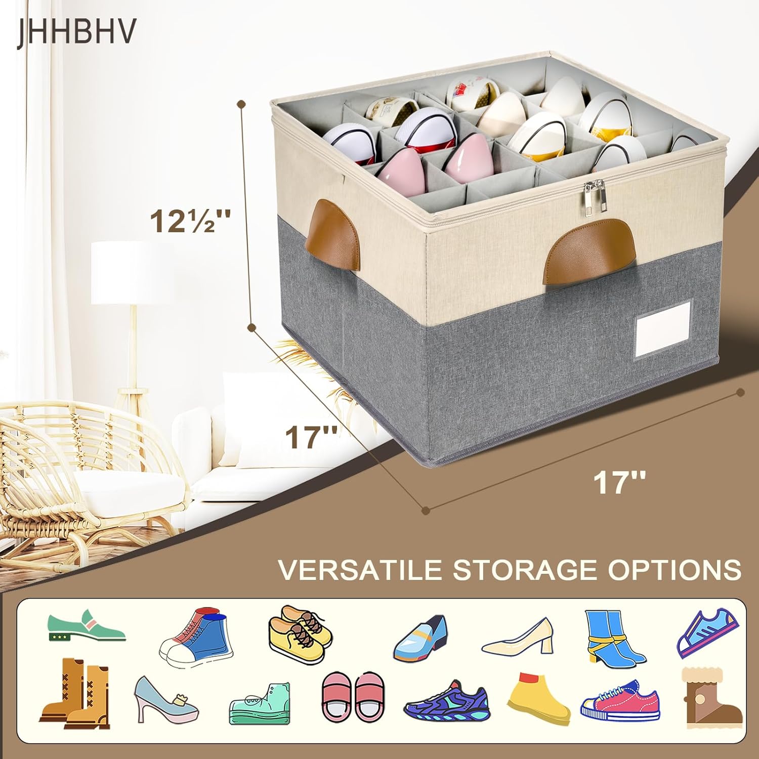 2 Pack Shoe Organizer for Closet, Adjustable Shoe Box Storage Containers, Large Foldable Shoe Bins with Clear Cover, Space Saving Shoes Holder with 4 Handles, Fits 16-32 Pairs, Beige