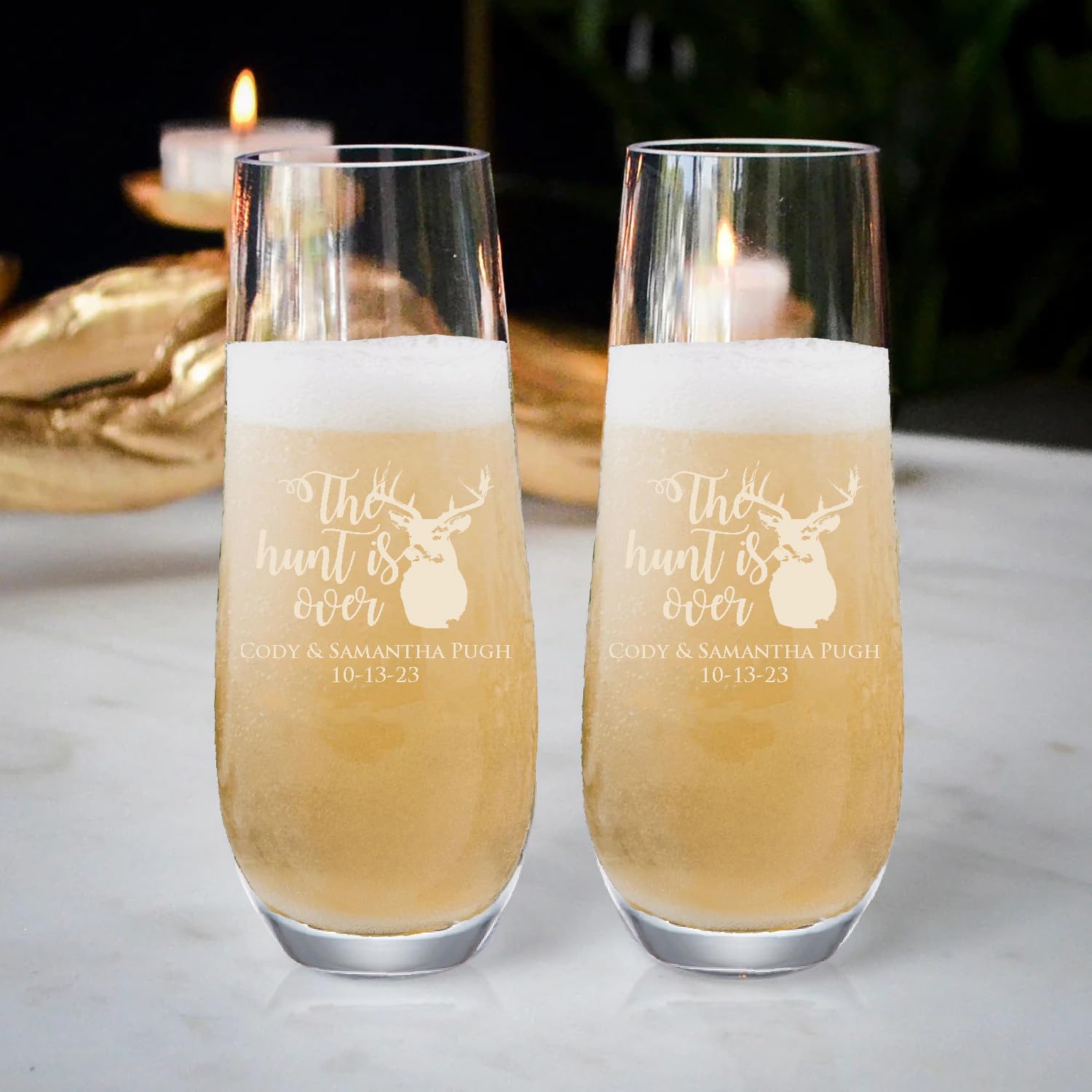 Krezy Case The Hunt is over flutes, Couple Flutes, Wedding Flutes, Bridal party Champagne Glasses, Customize Wedding Flutes, Bridal Shower Champagne Brunch, Brunch Party Stemless Champagne flutes
