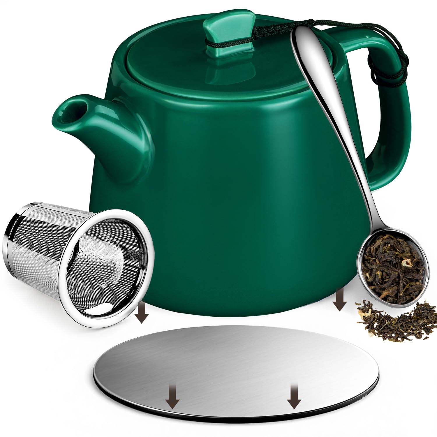 Brew To A Tea Handmade Ceramic Stump Teapot -600ml Heat-Resistant Tea Pot with Removable Infuser, Stainless Steel Coaster & Strainer, Forest Green
