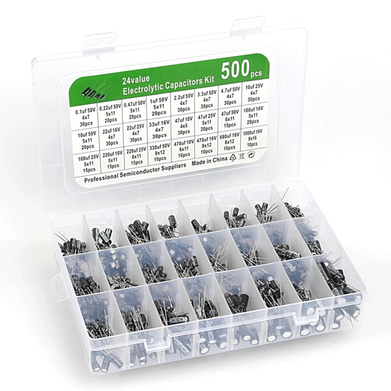 24 Values 500pcs Electrolytic Capacitor Kits (0.1uF-1000uF) 10V 16V 25V 50V Plug-in Aluminium Electrolytic Capacitor Kit Boxes