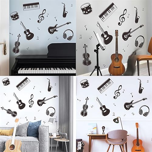 Miniatura 4 de Calcomanías de pared de instrumentos musicales en blanco y negro, calcomanías de pared, sacinora Guitarra Violín, Violín, Saxofón, Nota Musical,