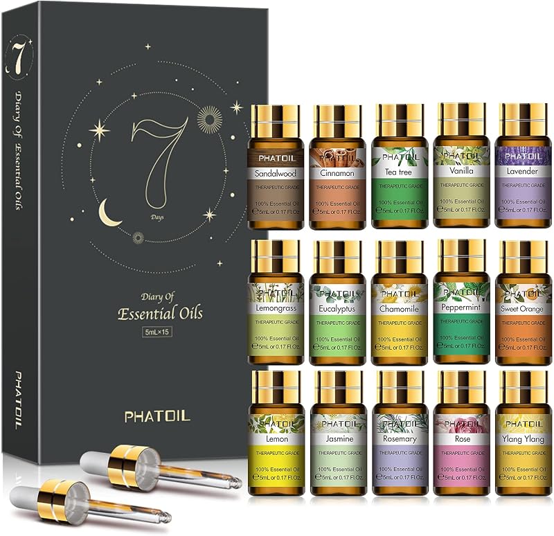 PHATOIL Essential Oils Gift Set, Aromatherapy Oil for Diffuser, Skin Care | 100% Natural and Pure, Ideal for Massage, Humidifier, Home, DIY Candle Soap Making, 15 x 5ml