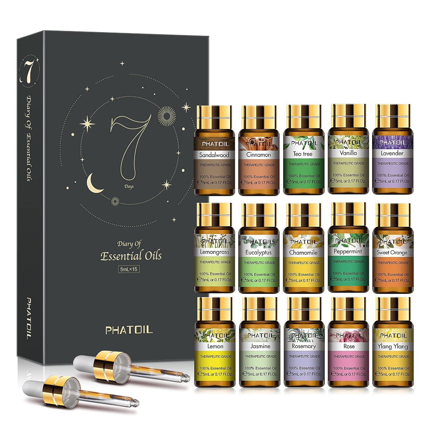 PHATOIL Essential Oils Gift Set 15 x 5ml, Pure Essential Oil Aromatherapy Oil for Skin Care, Hair Care, Bath, Ideal for Humidifier, Diffuser, Relax | 100% Natural and Pure,...
