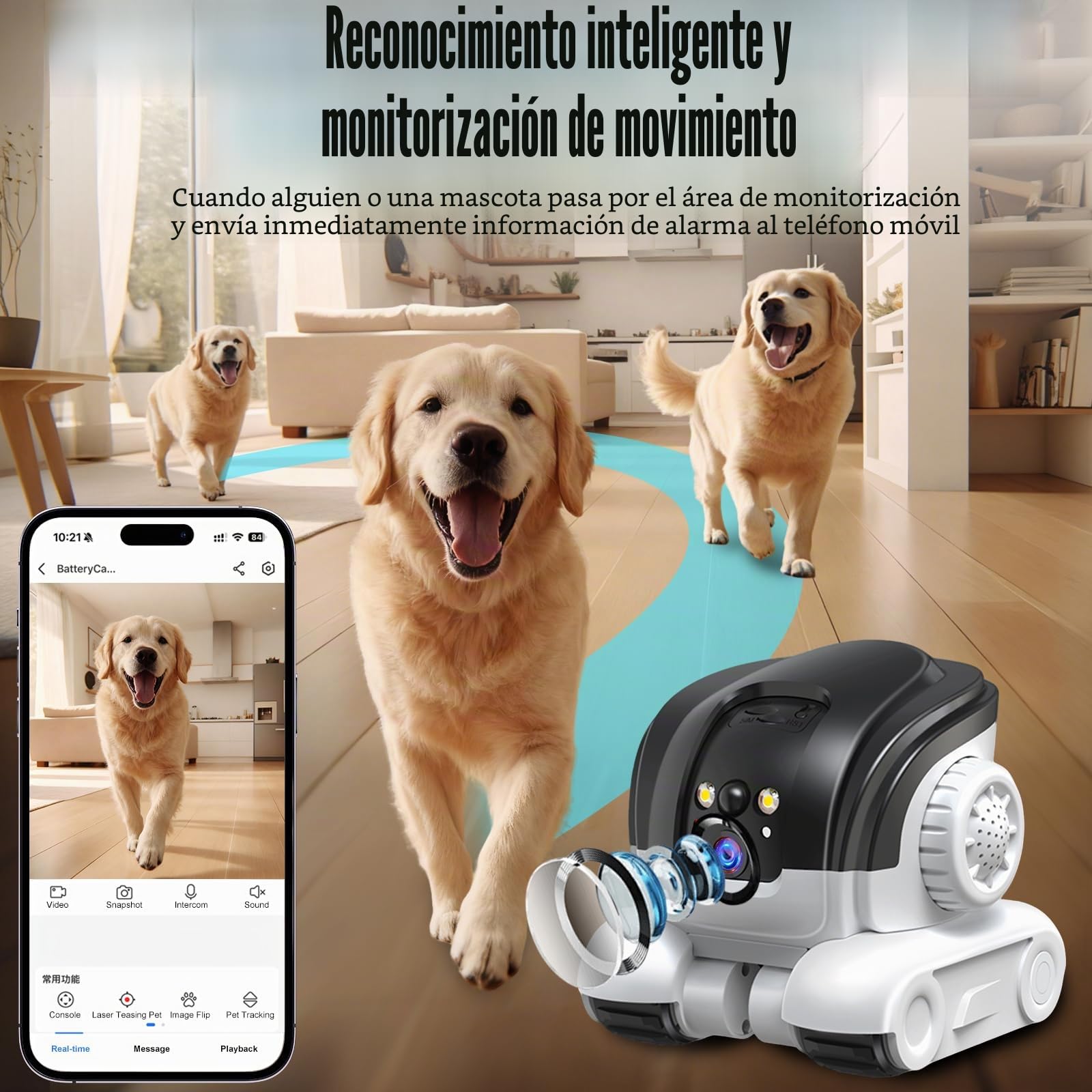 Robot Camera, 1080P Duales Cámara Robot para Mascotas con Audio 2 vías, Visión Nocturna, Reconocimiento de Movimiento, Grabación de vídeo, Control de Aplicaciones para Gatos, Perros, Bebé
