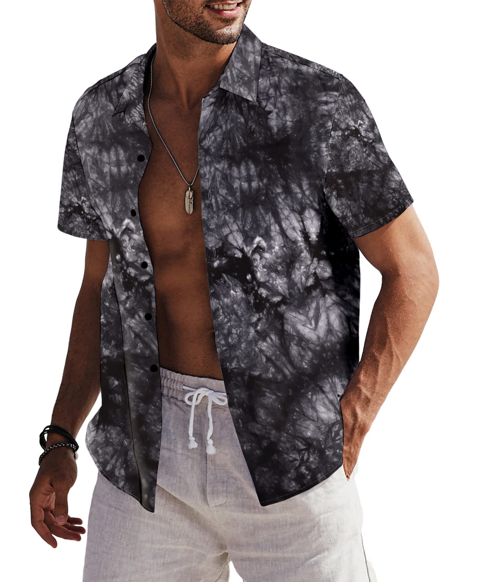 Mens 2024 Linen Tie Dye Button Down Shirts Printed Short Sleeve Summer
