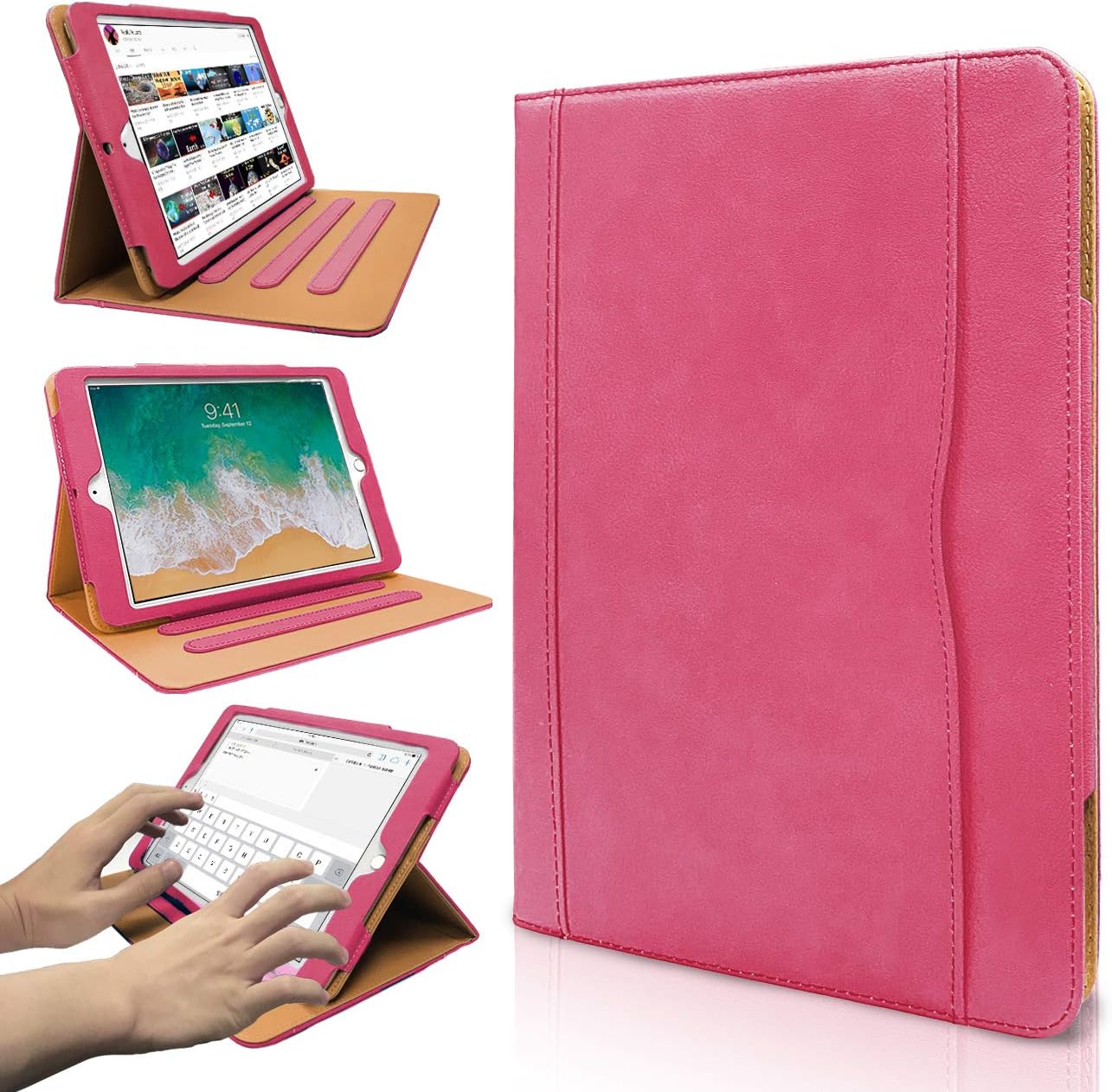 iPad 9.7 2017/2018 case - Leather Multiple Card Pocket Stand Case with Auto Sleep/Wake Up Viewing Angles Stand Folio Design for Apple iPad 9.7 inch 2017/2018 Air/Air 2 - Pink