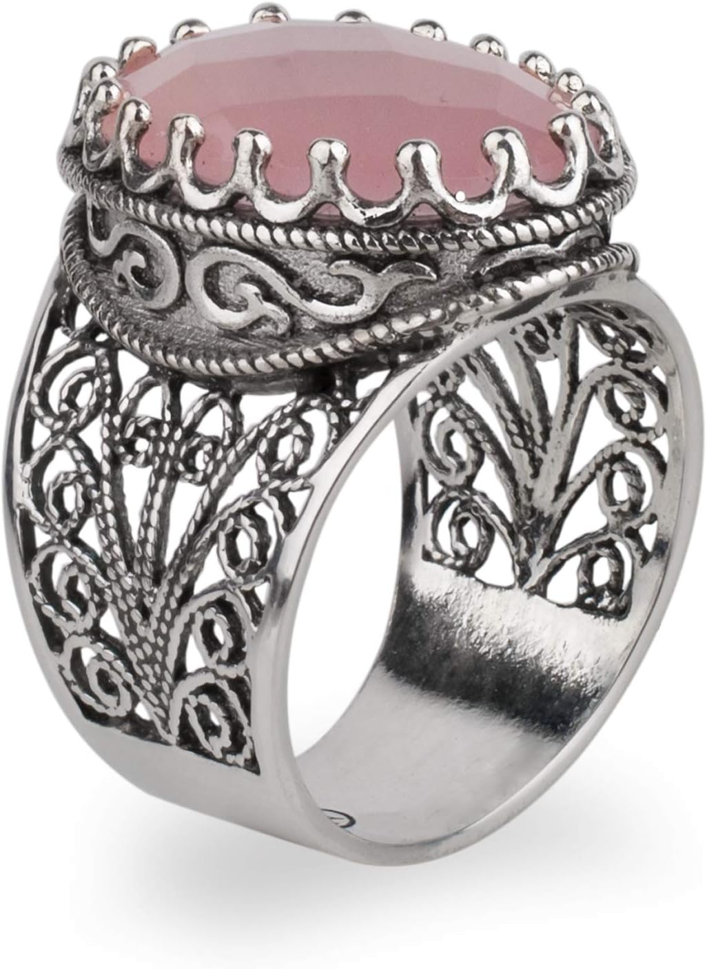 925k Sterling Silver Oval Filigree Ring Pink Agate Gemstone Handmade Artisan Crafted Unique Design for You, Mom and Your Precious Beloved (Size 5-12)