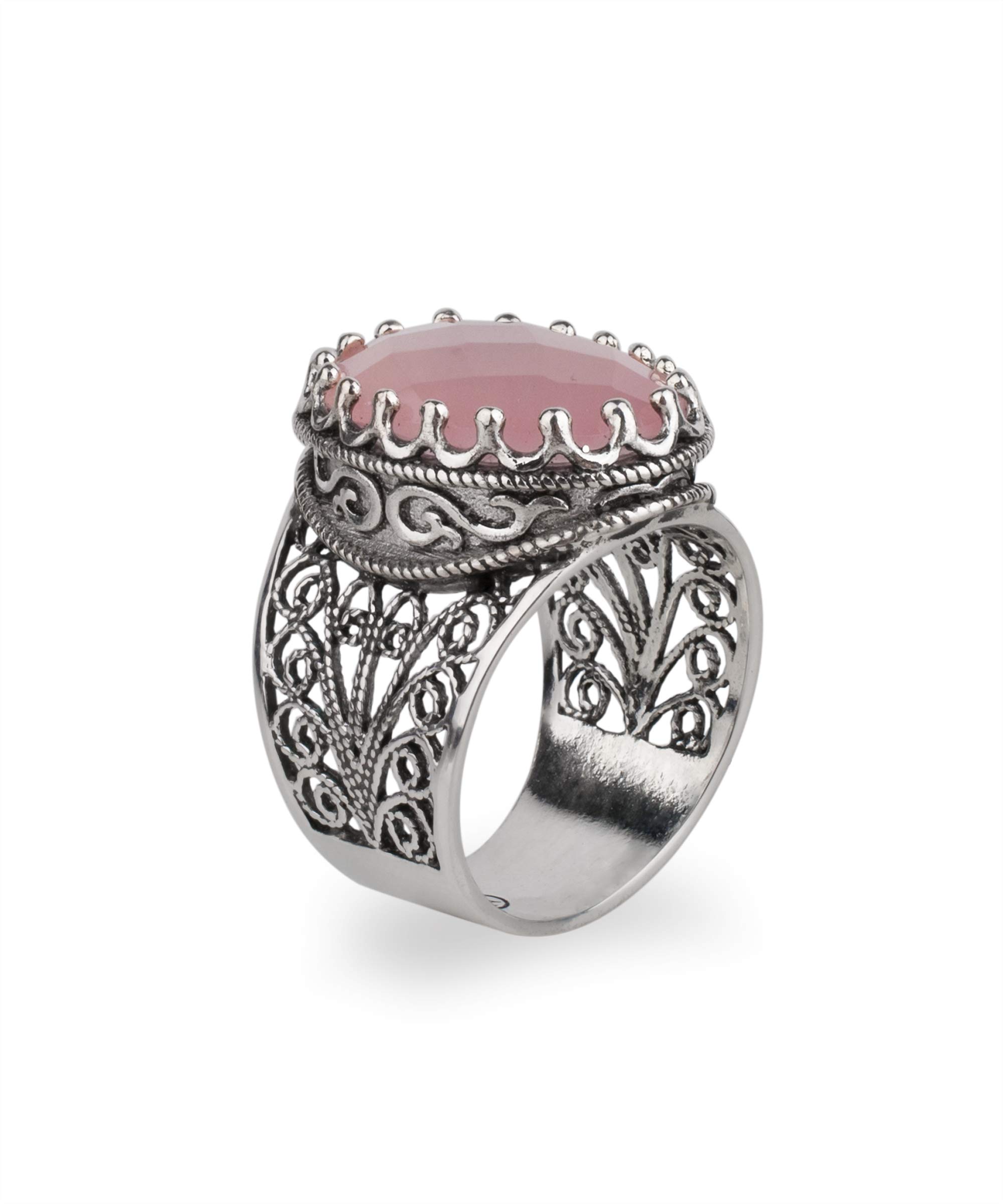 925k Sterling Silver Oval Filigree Ring Pink Agate Gemstone Handmade Artisan Crafted Unique Design for You, Mom and Your Precious Beloved (Size 5-12)